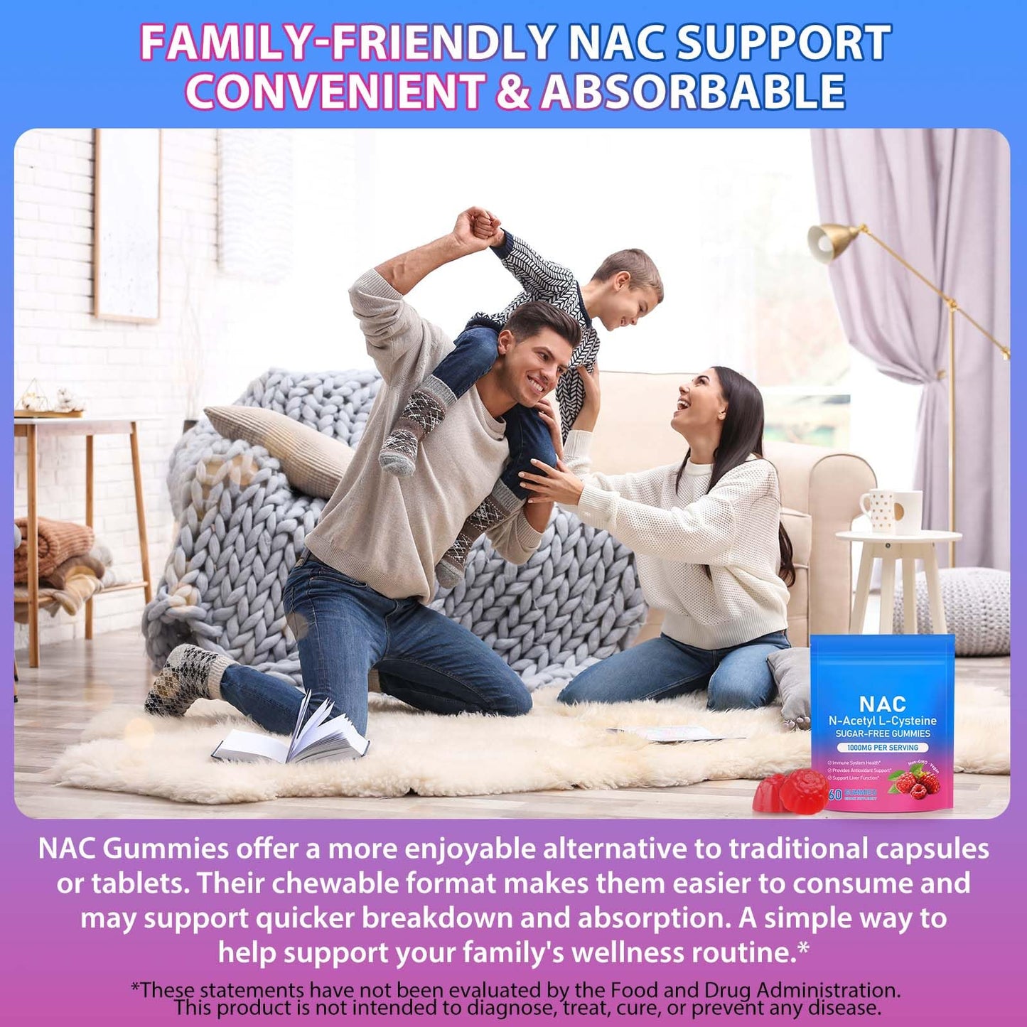 Vceeoy NAC Gummies 1000mg for Kids & Adults, Sugar-Free N-Acetyl L-Cysteine NAC Supplement Gummies for Immune Support, 60 Gummies