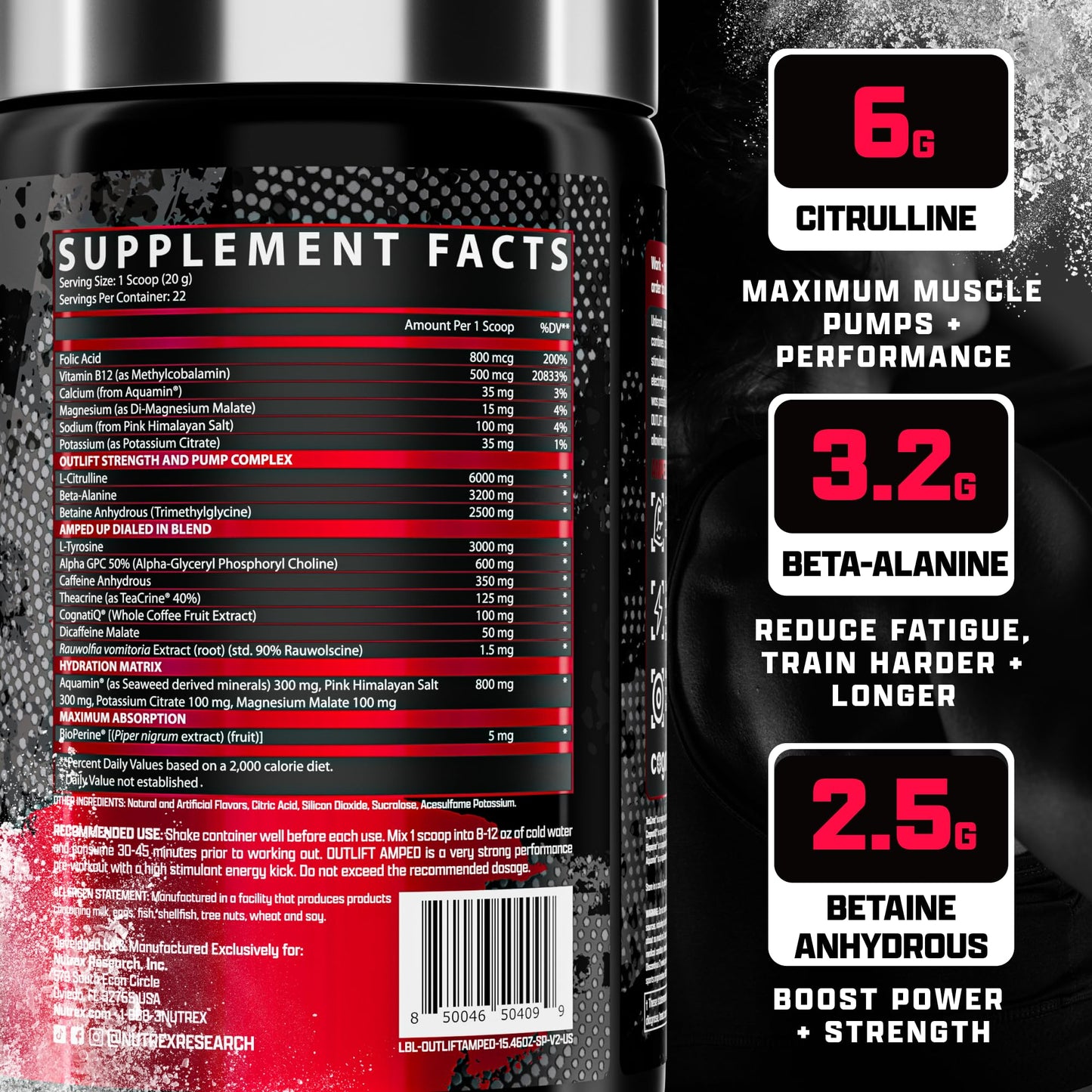 Nutrex Research OUTLIFT Amped Max Dosed HIGH STIM Pre Workout Powder, 15.7 oz
