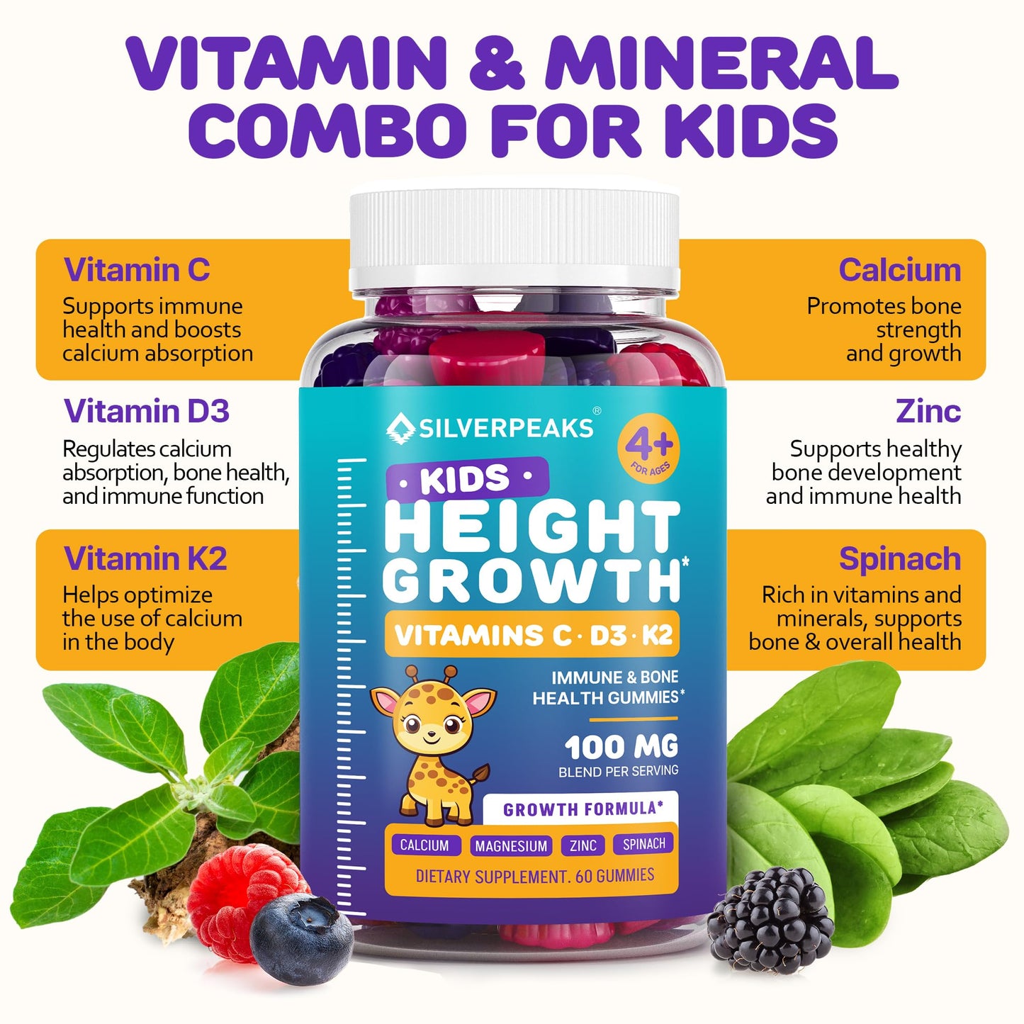 Silverpeaks Calcium Magnesium Gummies & Height Growth Gummies for Kids – 120 Gummies