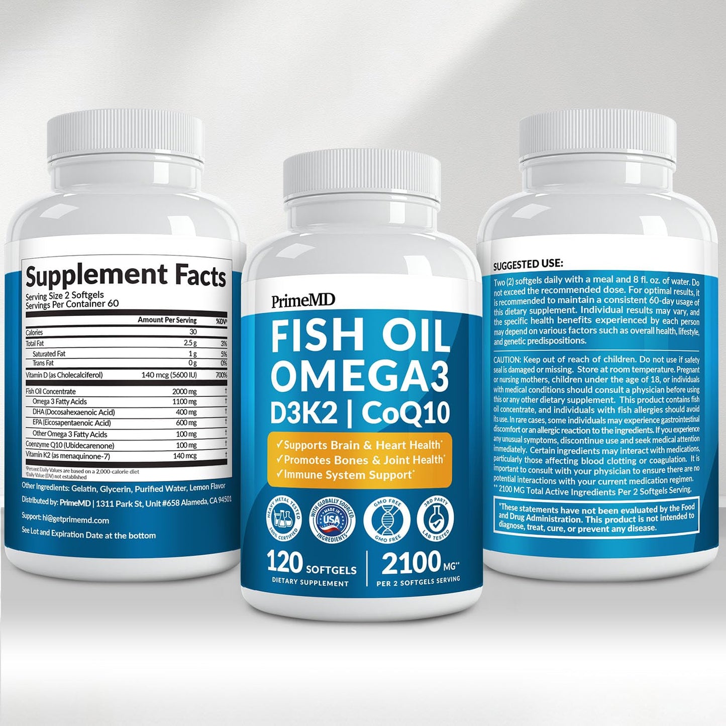 PrimeMD 4-in-1 Fish Oil Omega-3 Fatty Supplements (2100mg) - Omega-3 Fish Oil with Vitamins D3 K2 and CoQ10 Softgels, 120 Count