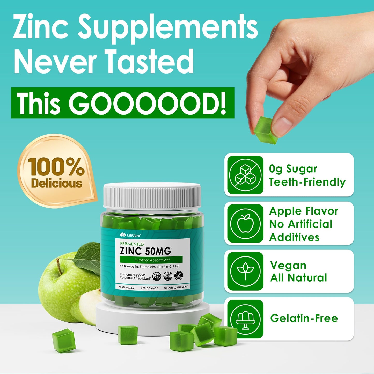 LILICARE Fermented Zinc Gummies with Vitamin C & D3, 50mg Zinc, 60 Gummies