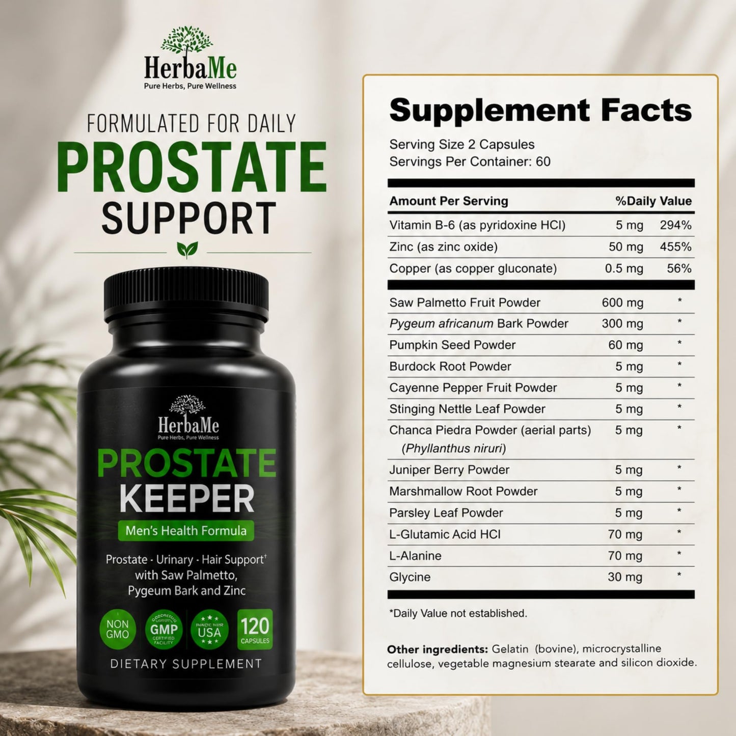 HerbaMe Prostate Support Supplement for Men 40+ with Saw Palmetto, Pygeum Bark & Zinc — Supports Healthy Urinary Flow, Bladder Comfort & Prostate Function, Capsule, 120 Count