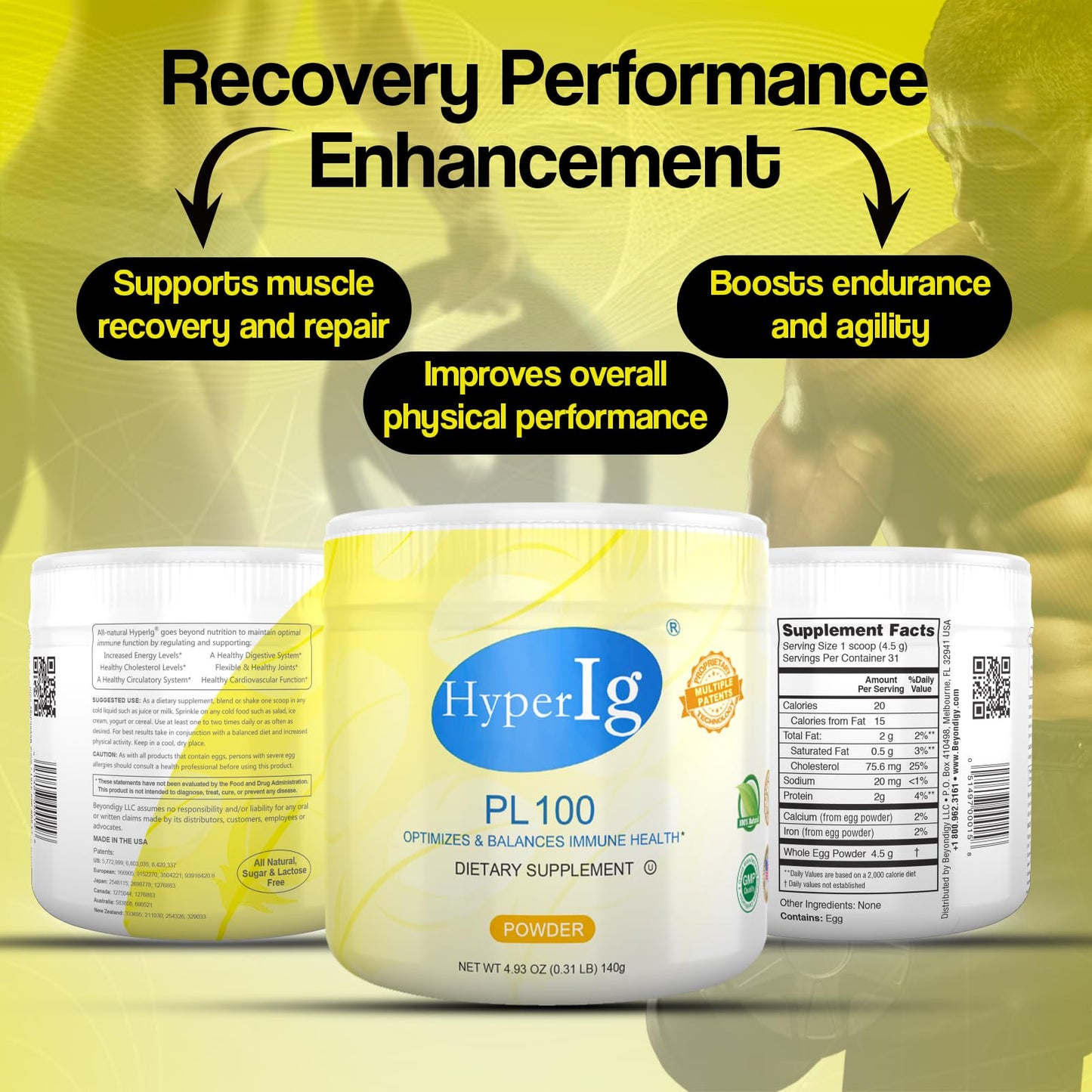 HYPERIG PL-100 Egg Protein Powder, Hyperimmune Egg Supplement, 3 Canisters