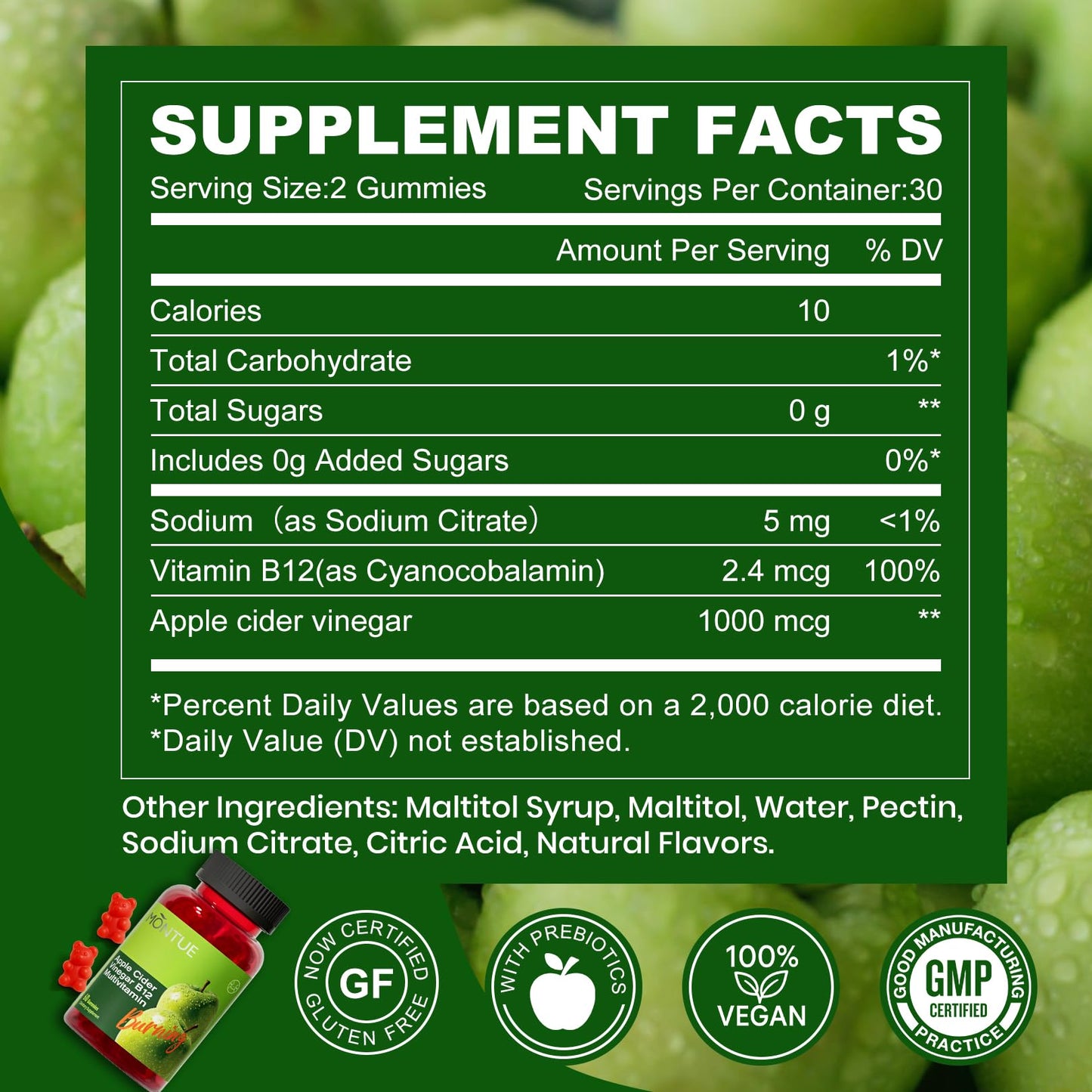 Montue NEWELLME Apple Cider Vinegar Gummies B12 Multivitamin, ACV Supplement, Vegetarian Supplement for Women & Men, Non-GMO, Energy & Gut Health, 60 Gummies