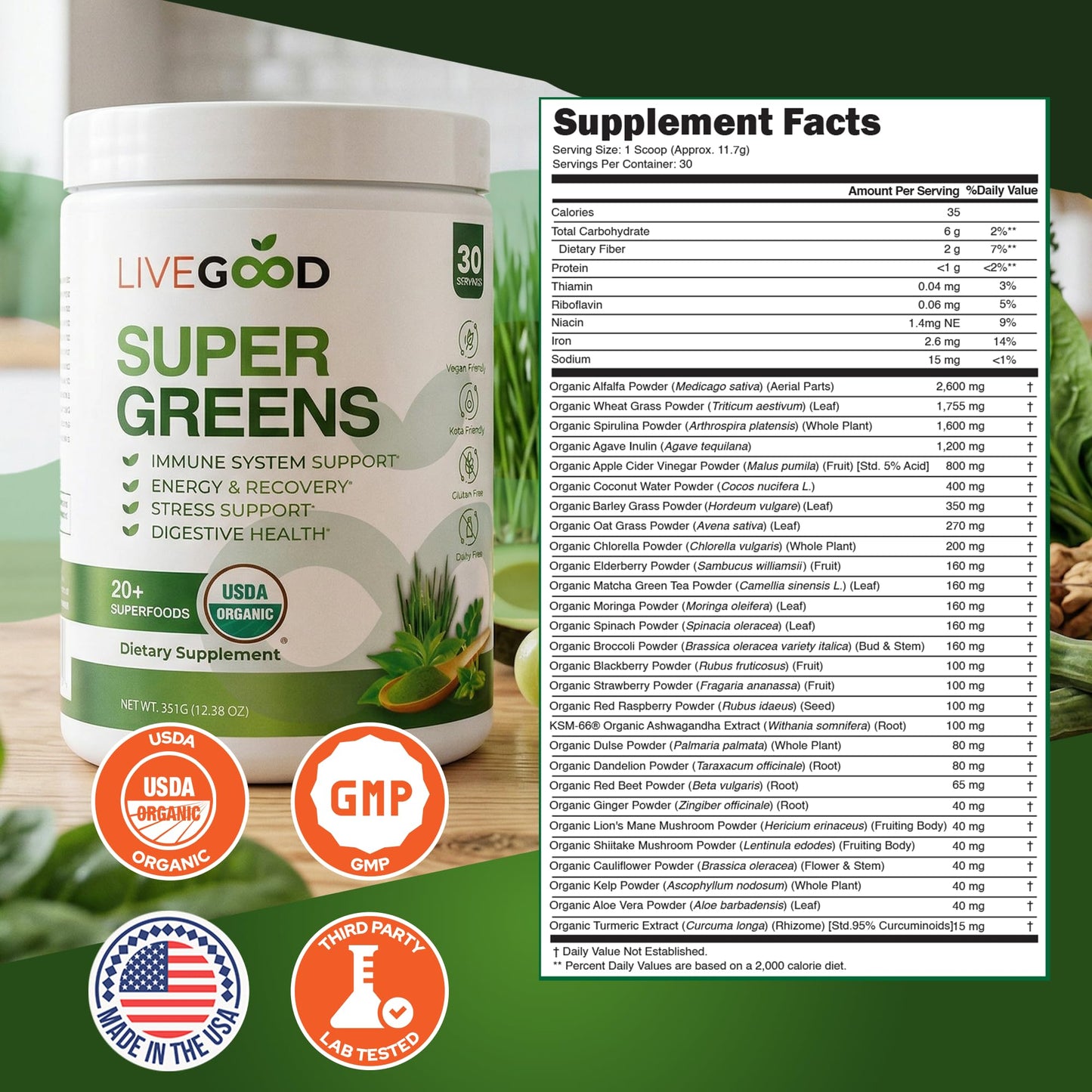 LIVEGOOD Daily Greens Organic Blend for Digestion & Focus – Super Greens Supplement Powder, 12.38 oz