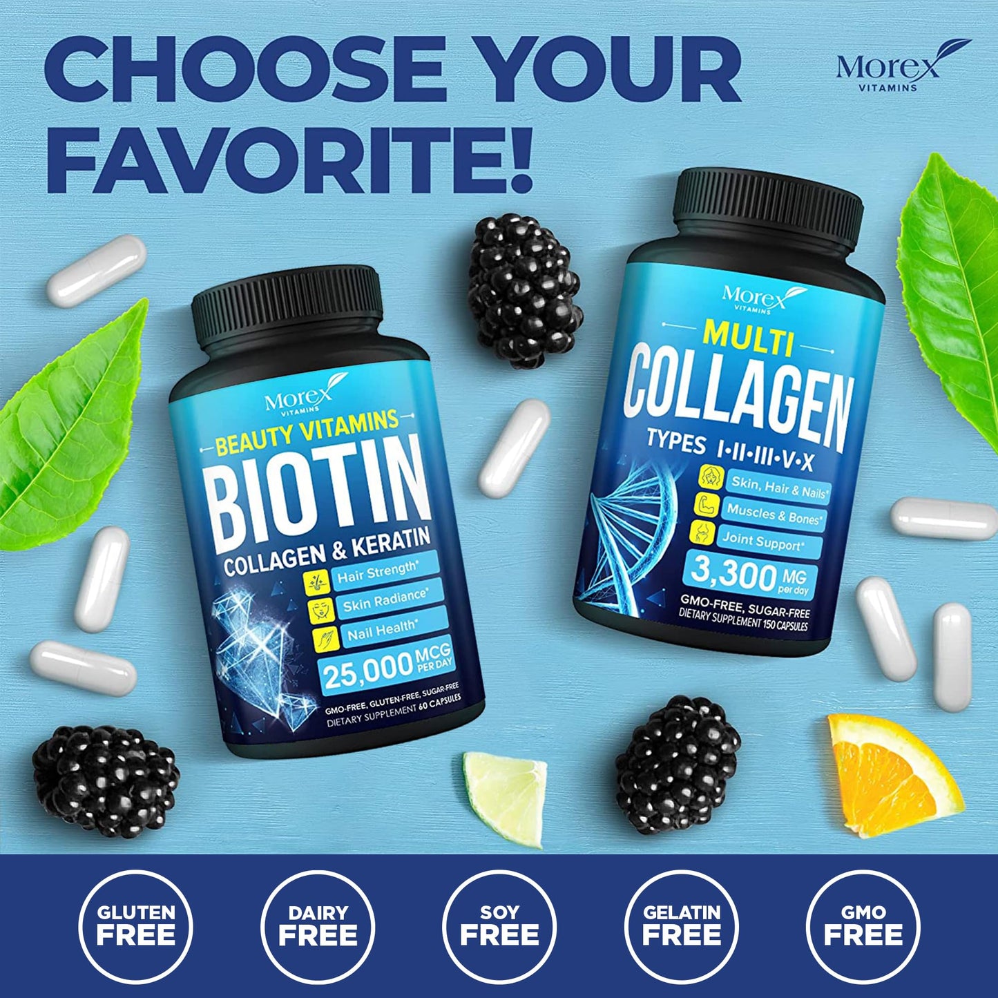 MOREX VITAMINS Biotin Collagen Keratin Supplement with Hyaluronic Acid 25,000 mcg Hair Growth Vitamins for Men and Women Thickness & Hair Loss Support Complex Stronger Nails & Healthy Skin 60 Capsules
