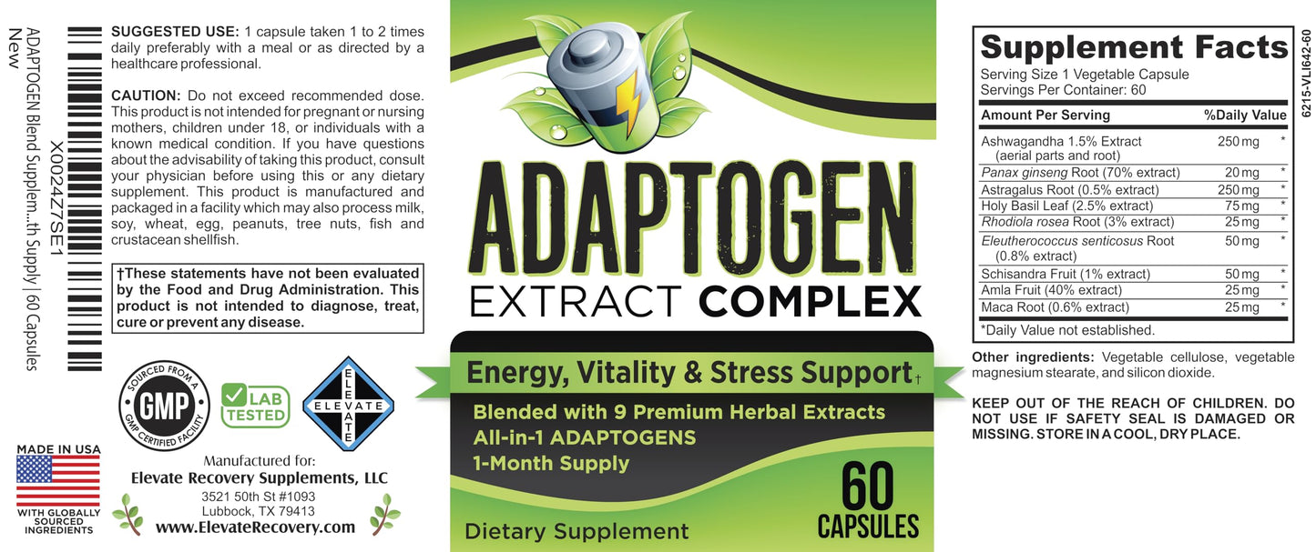Elevate Recovery Supplements Adaptogens Extract Complex 9-in-1 Capsule 60 Capsules