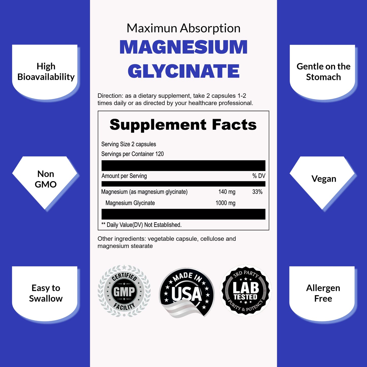 UpNourish Chelated Magnesium Glycinate 500mg, 480 Capsules