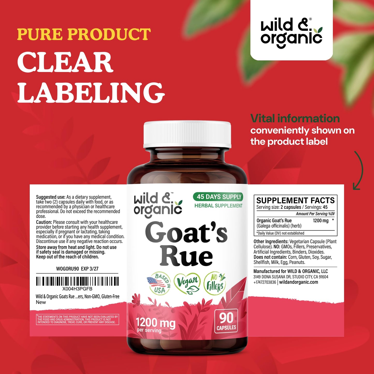Wild & Organic Goats Rue Capsules 1200 mg, Lactation Support, 90 Count