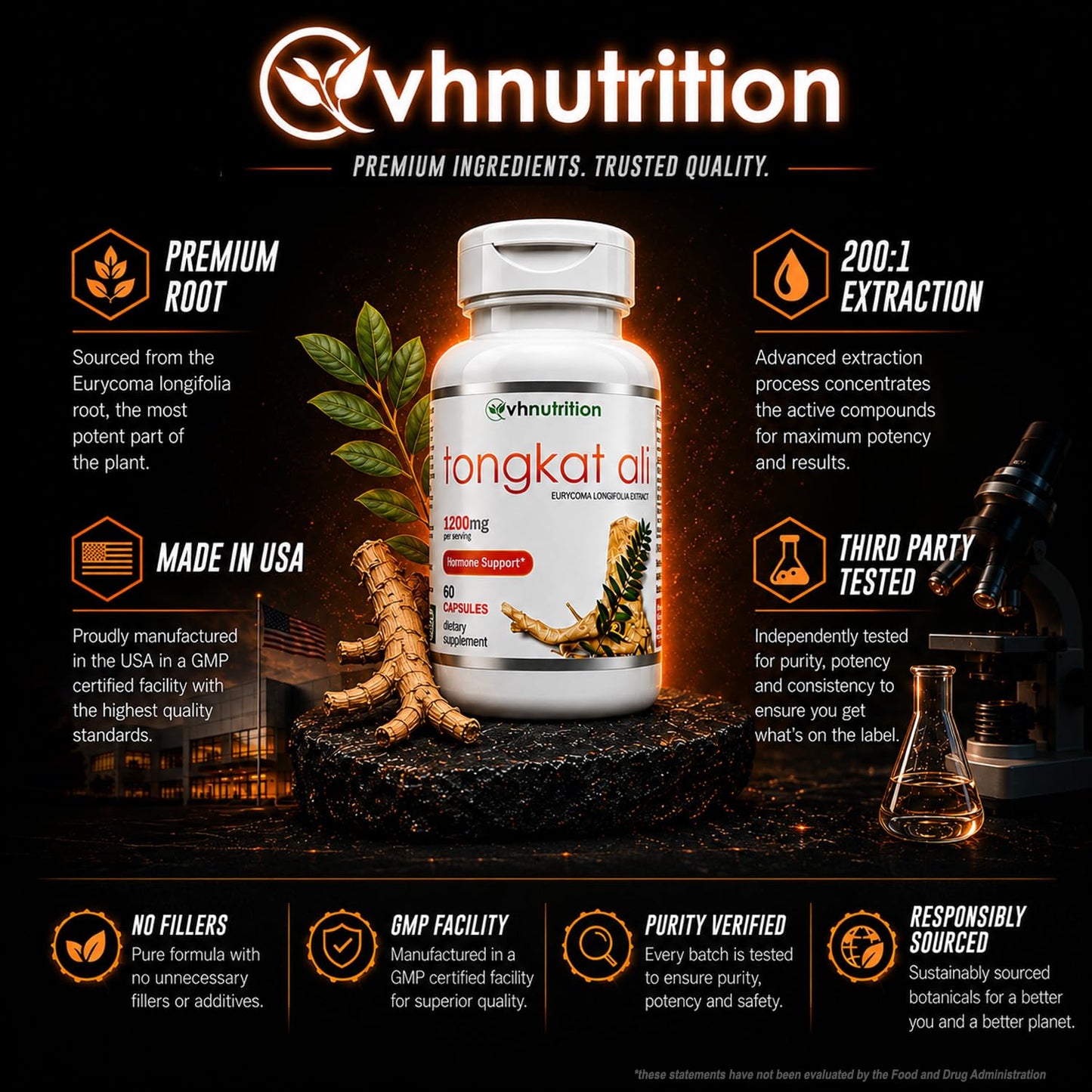 VH Nutrition Tongkat Ali Extra Strength Hormone Support for Men 200:1 Blend Standardized Eurycoma Longifolia (LongJack) Extract Powder, 60 Capsules
