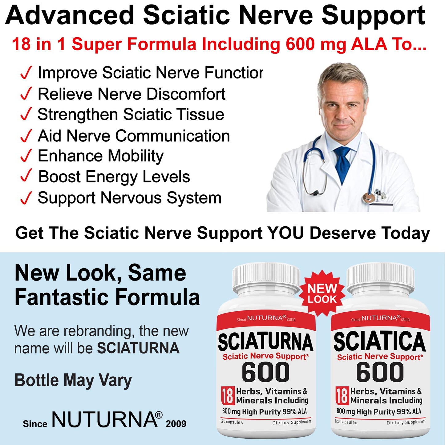 Nuturna Sciatica Nerve Relief Alpha Lipoic Acid 600 mg Capsules, 120 Count