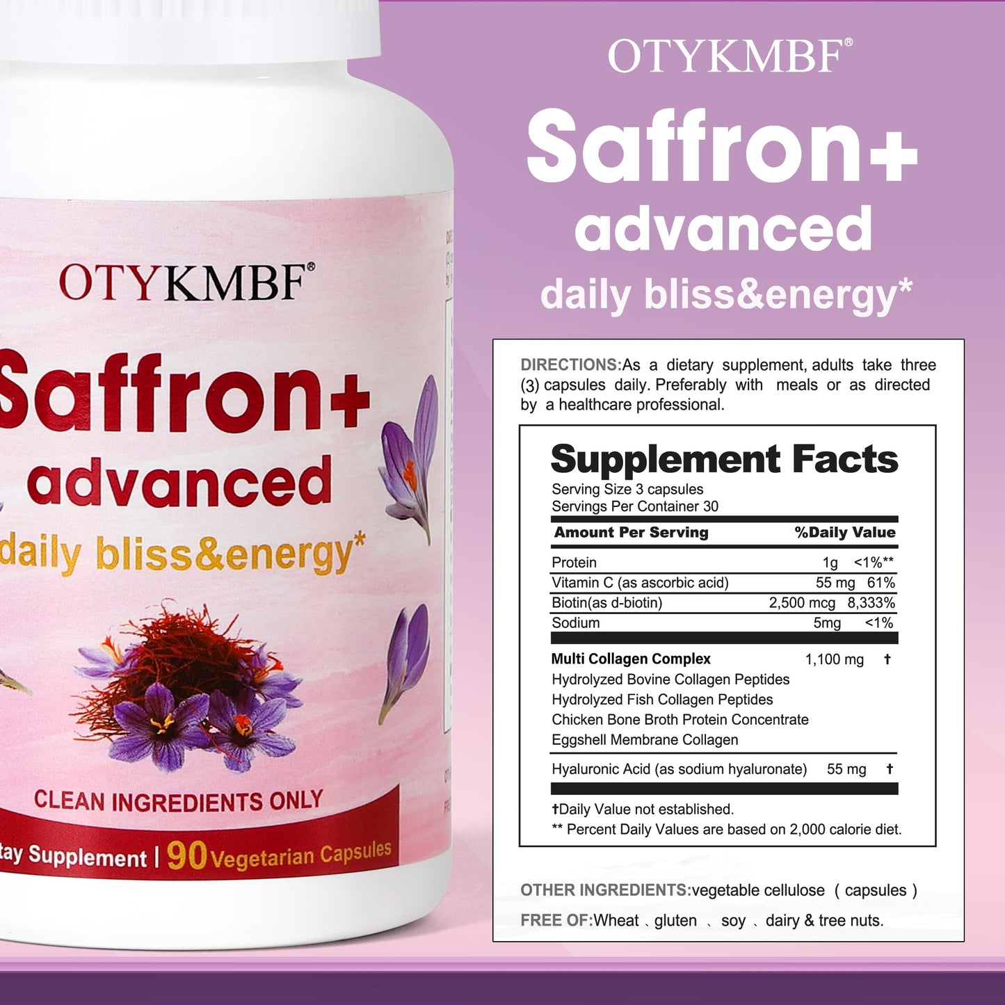 OTYKMBF Saffron+ Advanced Capsules – Pure Organic Saffron Supplement with Collagen, Biotin & Vitamin C – Mood, Focus & Stress Support, 90 Capsules
