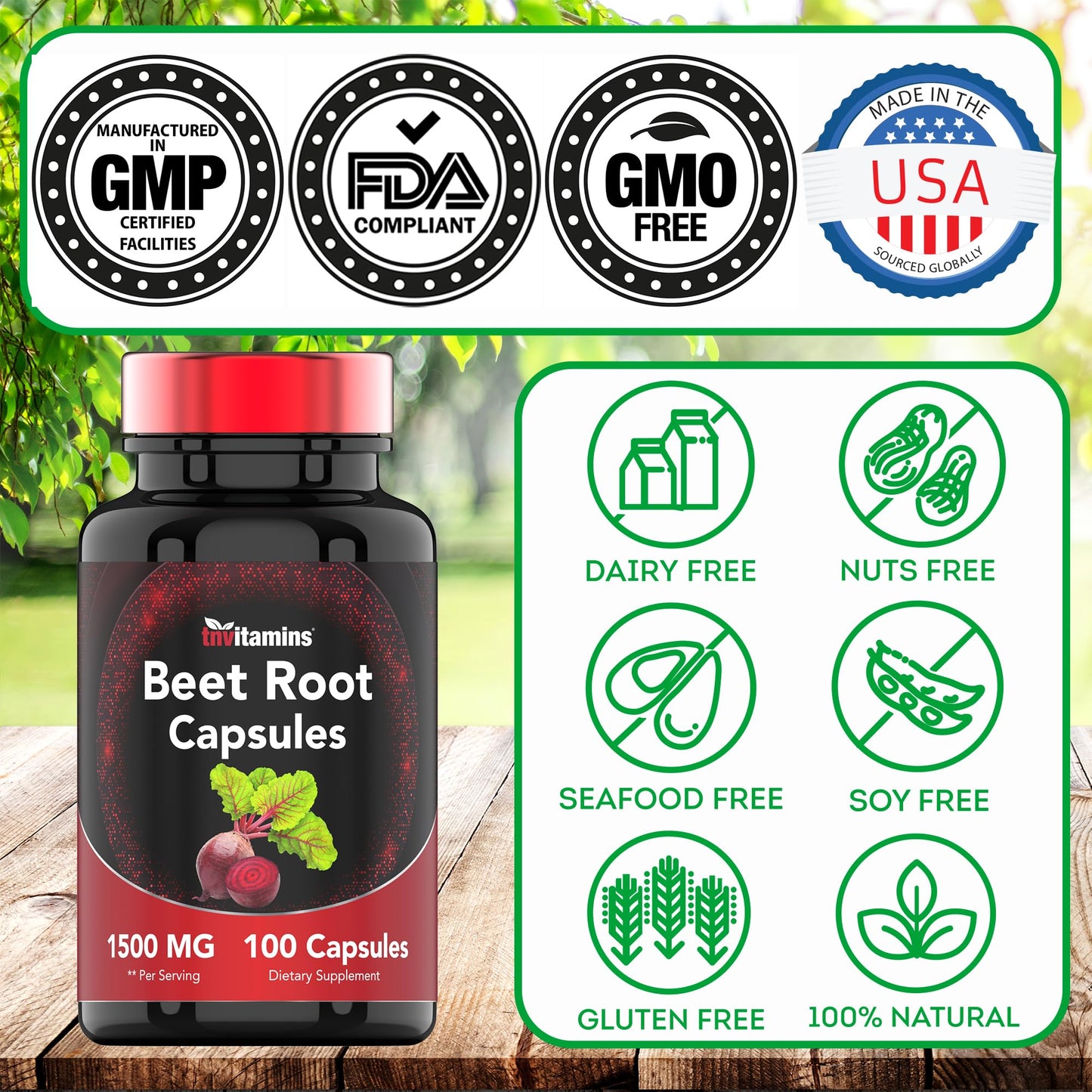 TNVitamins Beet Root 1500 mg Capsules, 100 Count