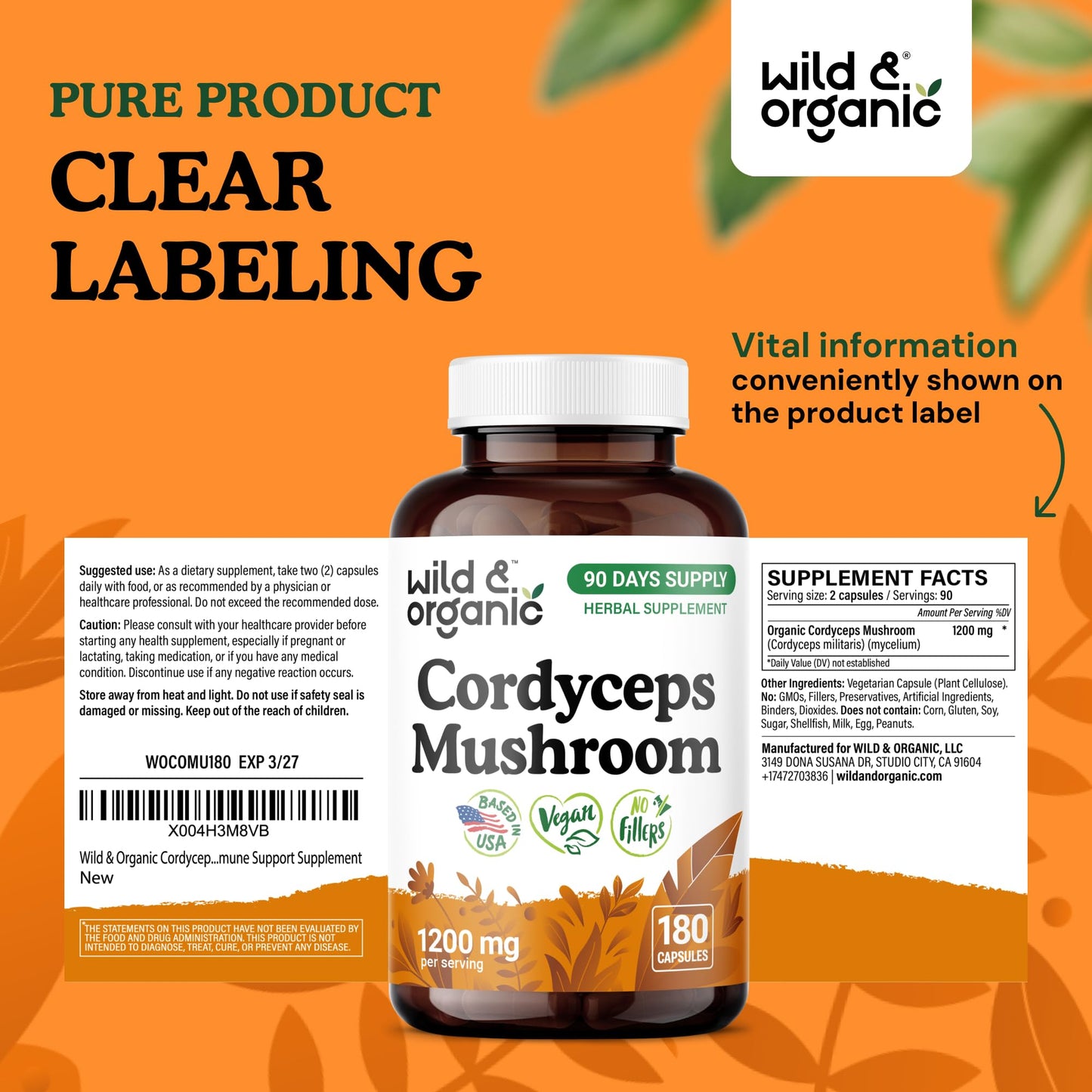 Wild & Organic Cordyceps Capsules 1200 mg, Immune Support, Cordyceps Mushroom Powder Supplement, Pure Mycelium Extract, Vegan, No Fillers, Non-GMO, 180 Capsules