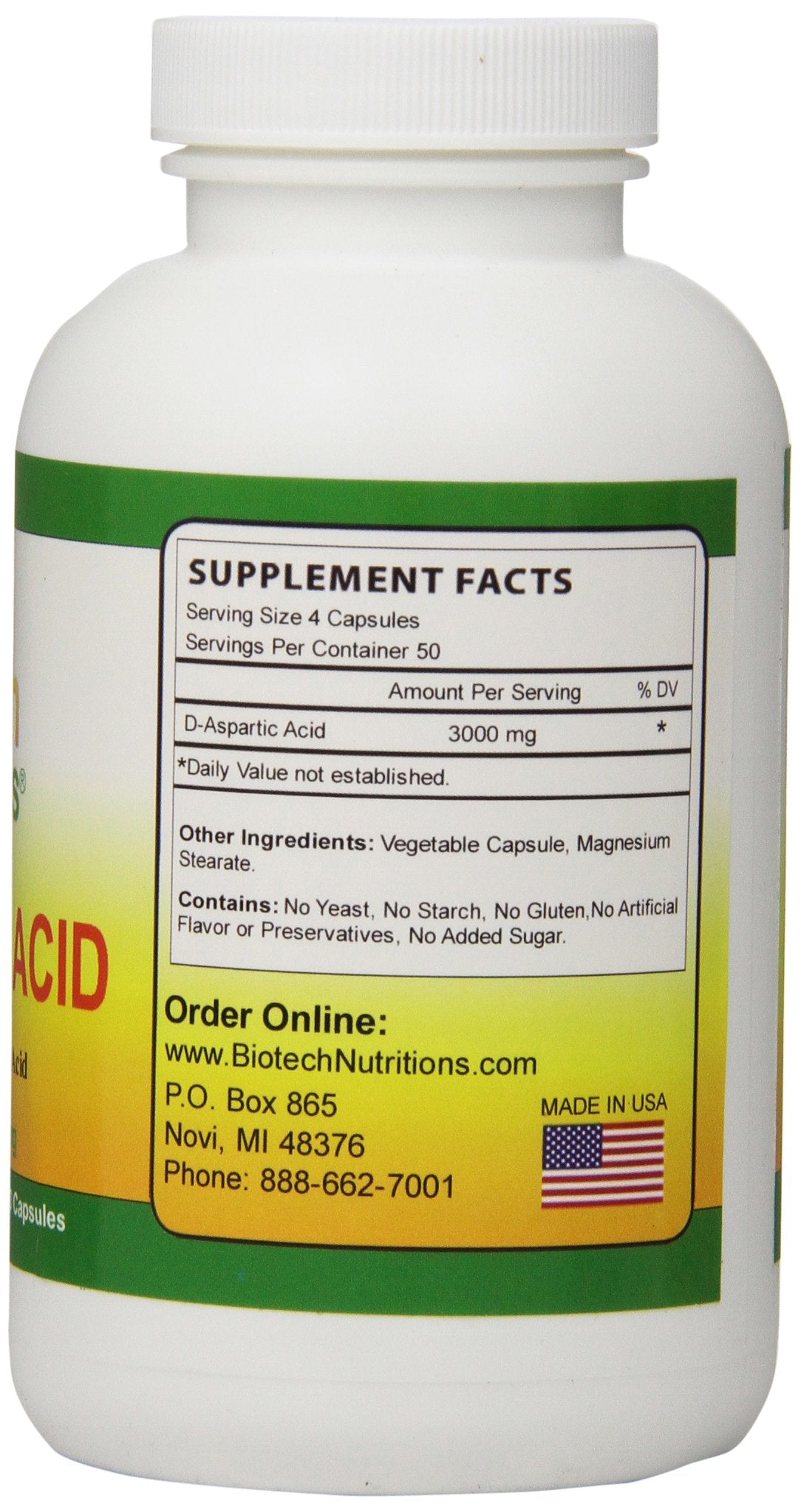 Biotech Nutritions D-Aspartic Acid Dietary Supplement 3000 mg Capsule 200 Count