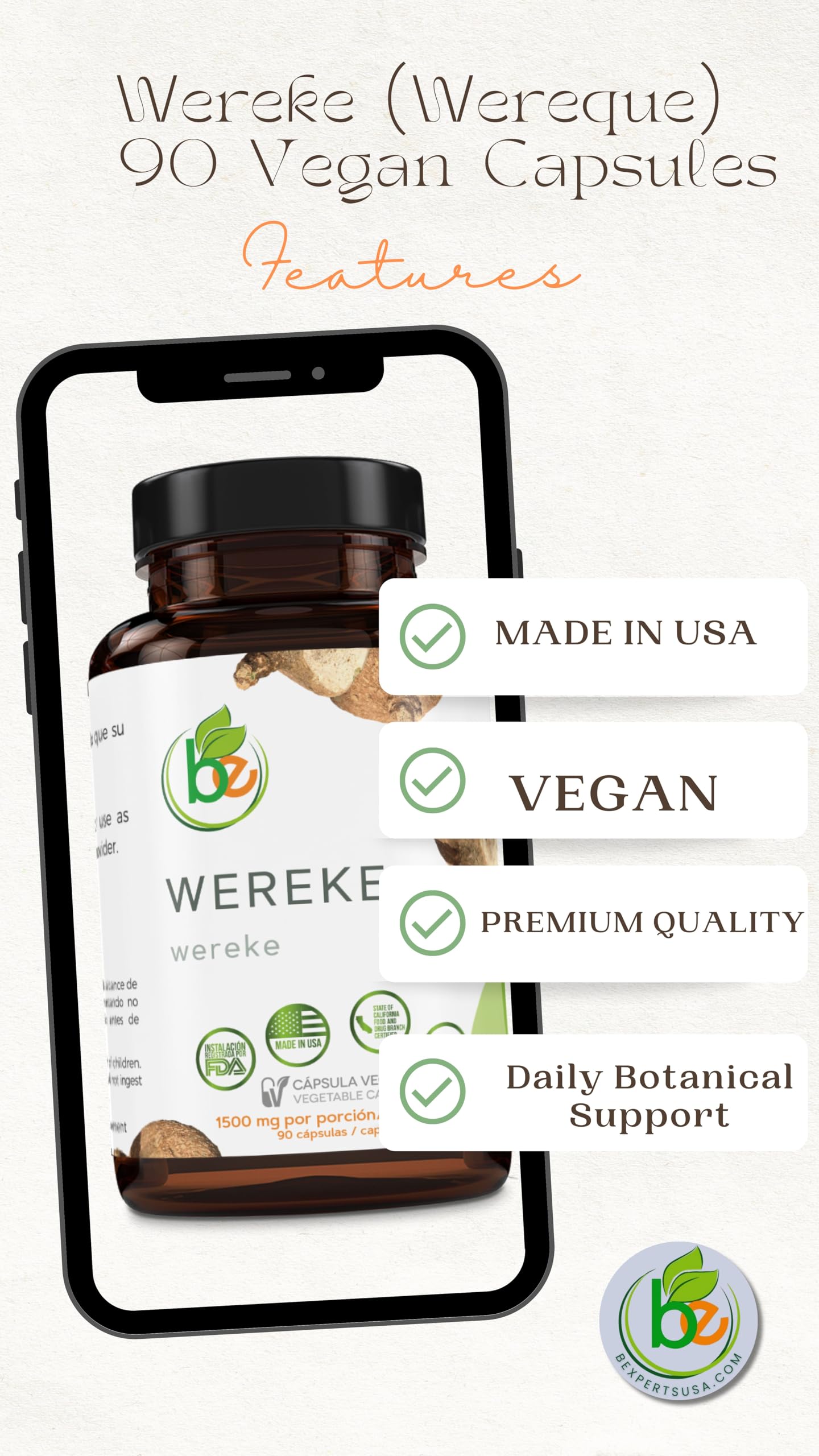 B-Experts Wereke (Wereque Root) 1500 mg per Serving Vegan Capsules, 90 Count