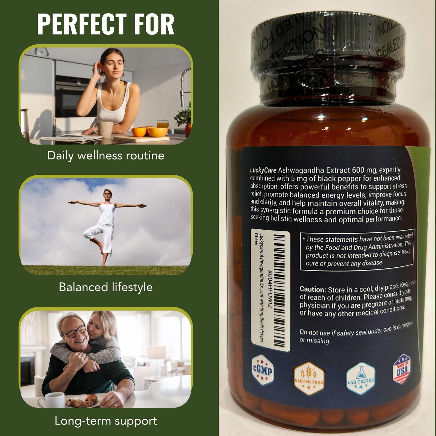Luckycare Ashwagandha 600mg Extra Strength Root Extract with Black Pepper Capsule, 1 Count