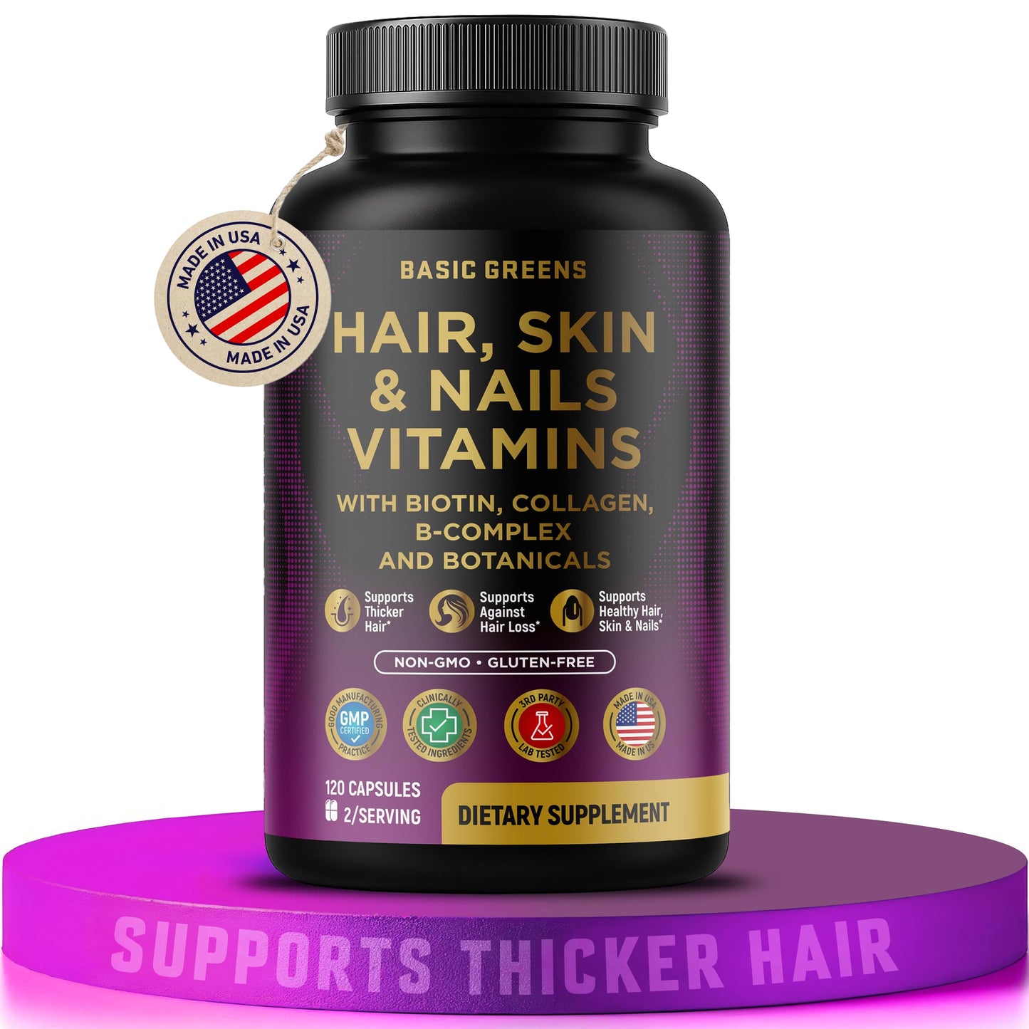 BASIC GREENS Hair, Skin & Nails Vitamins with Biotin 10000 mcg, Collagen & B-Complex – Supports Healthy Hair, Glowing Skin & Strong Nails – Non-GMO, Gluten-Free, 120 Capsules