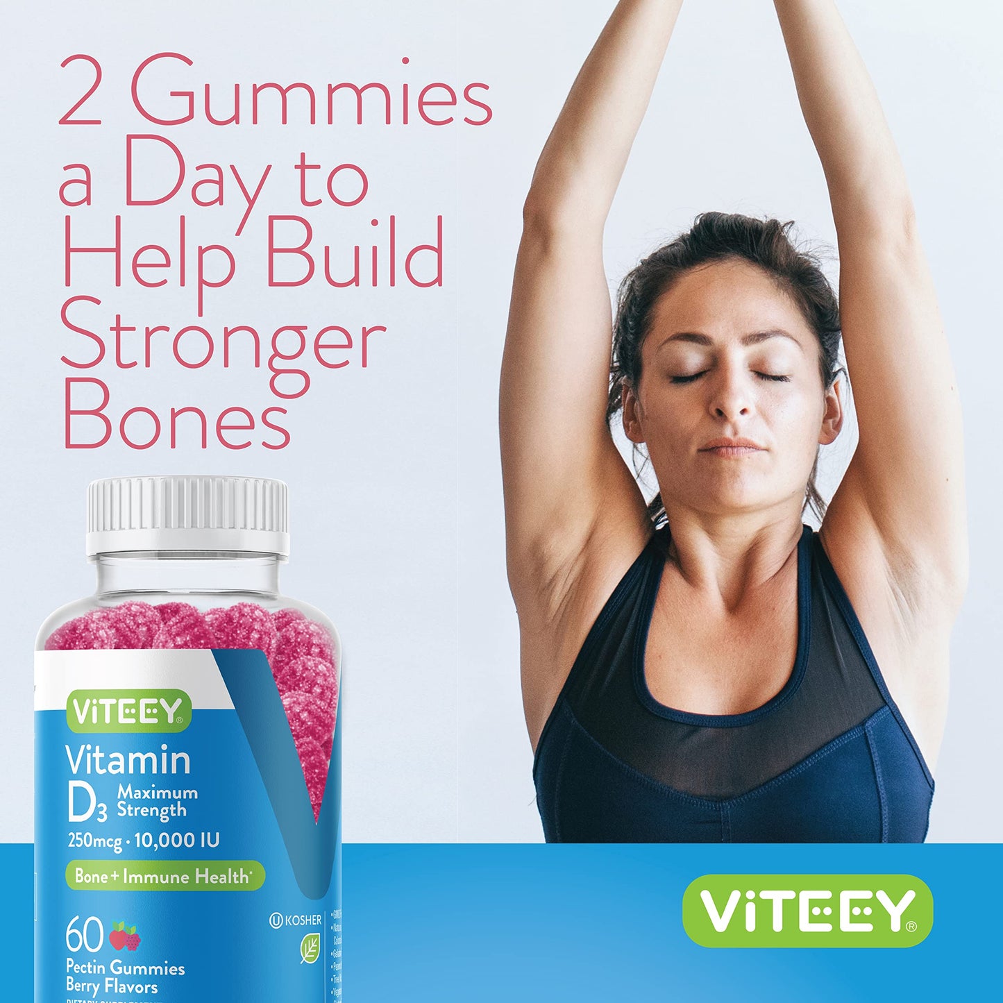 Viteey Vitamin D3 Gummies for Adults & Teens 10,000 IU (250 mcg) Pectin Gummy, 60 Count