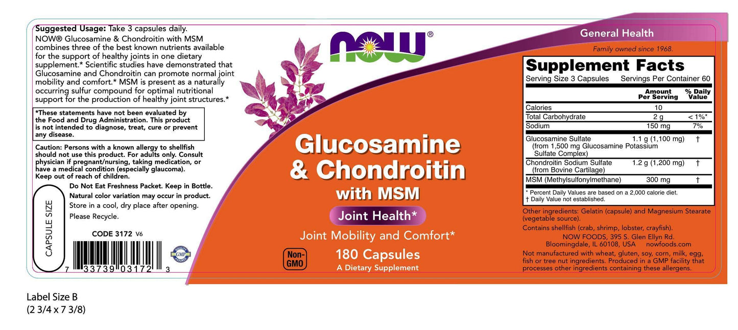 NOW Foods Glucosamine & Chondroitin with MSM 180 Veg Capsules