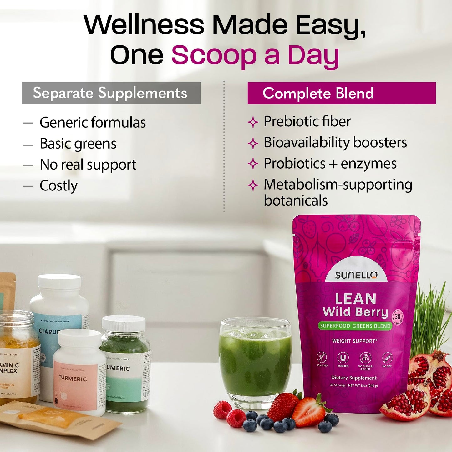 Sunello Super Greens Powder for Women – Metabolism & Weight, Wild Berry, 1 Count