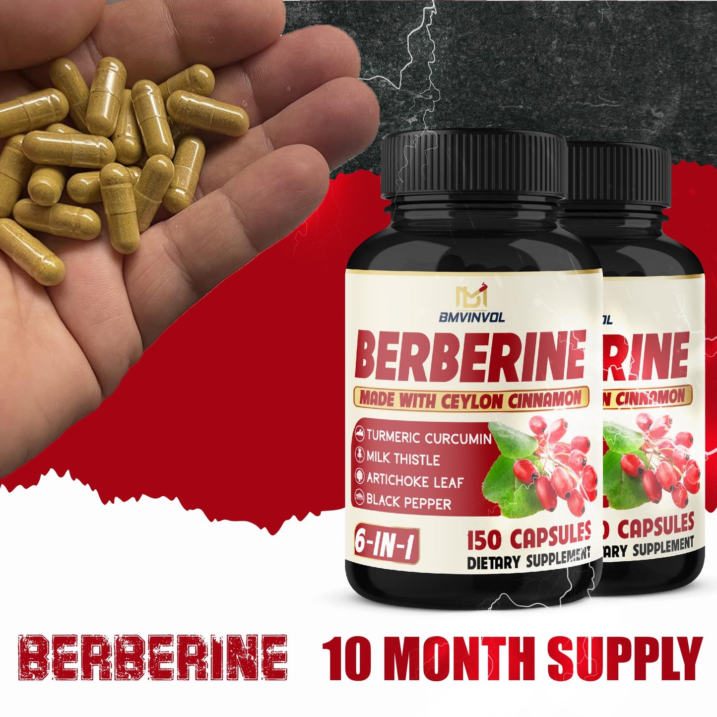 BMVINVOL Berberine HCl Plus Cinnamon Turmeric Milk Thistle Artichoke Black Pepper Capsule 300