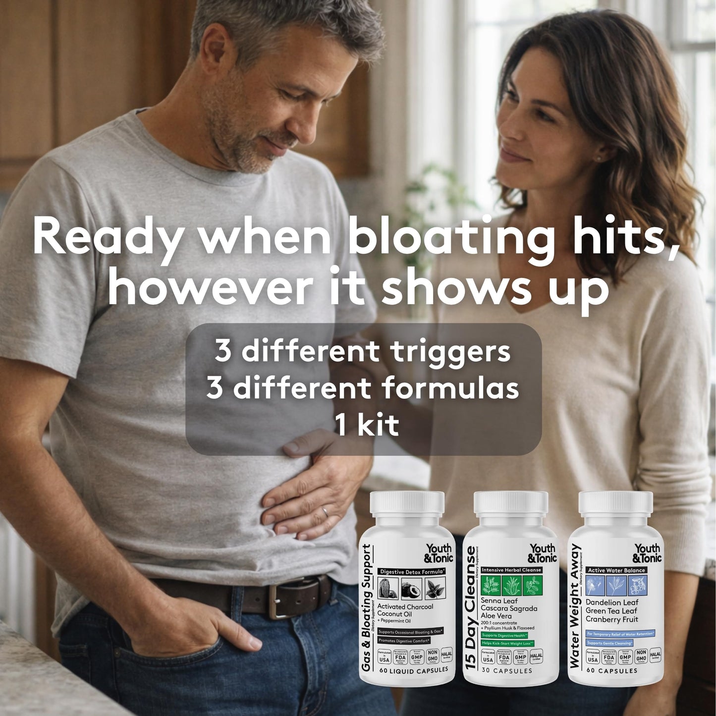 Youth & Tonic Belly Bloating Relief Capsules, 3-Pack