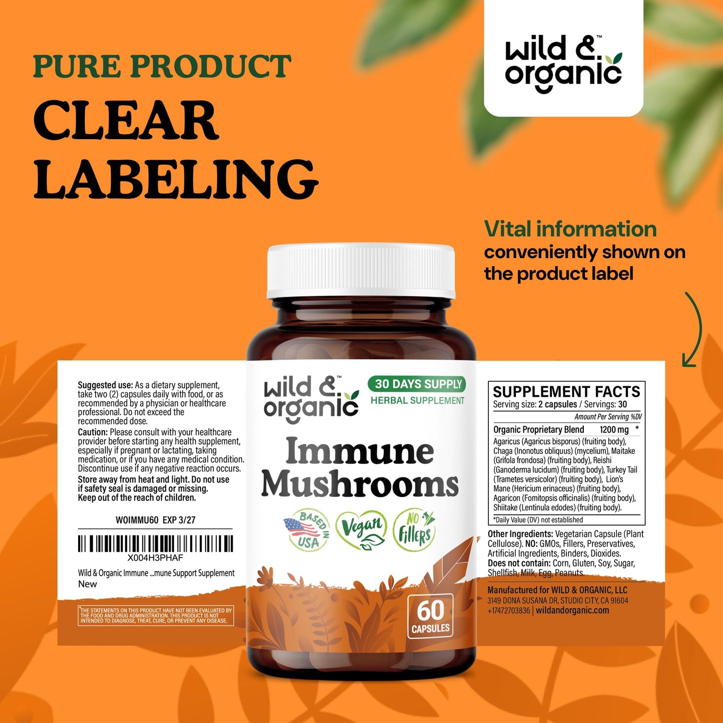 Wild & Organic Immune Mushroom Complex Capsules 60 Count