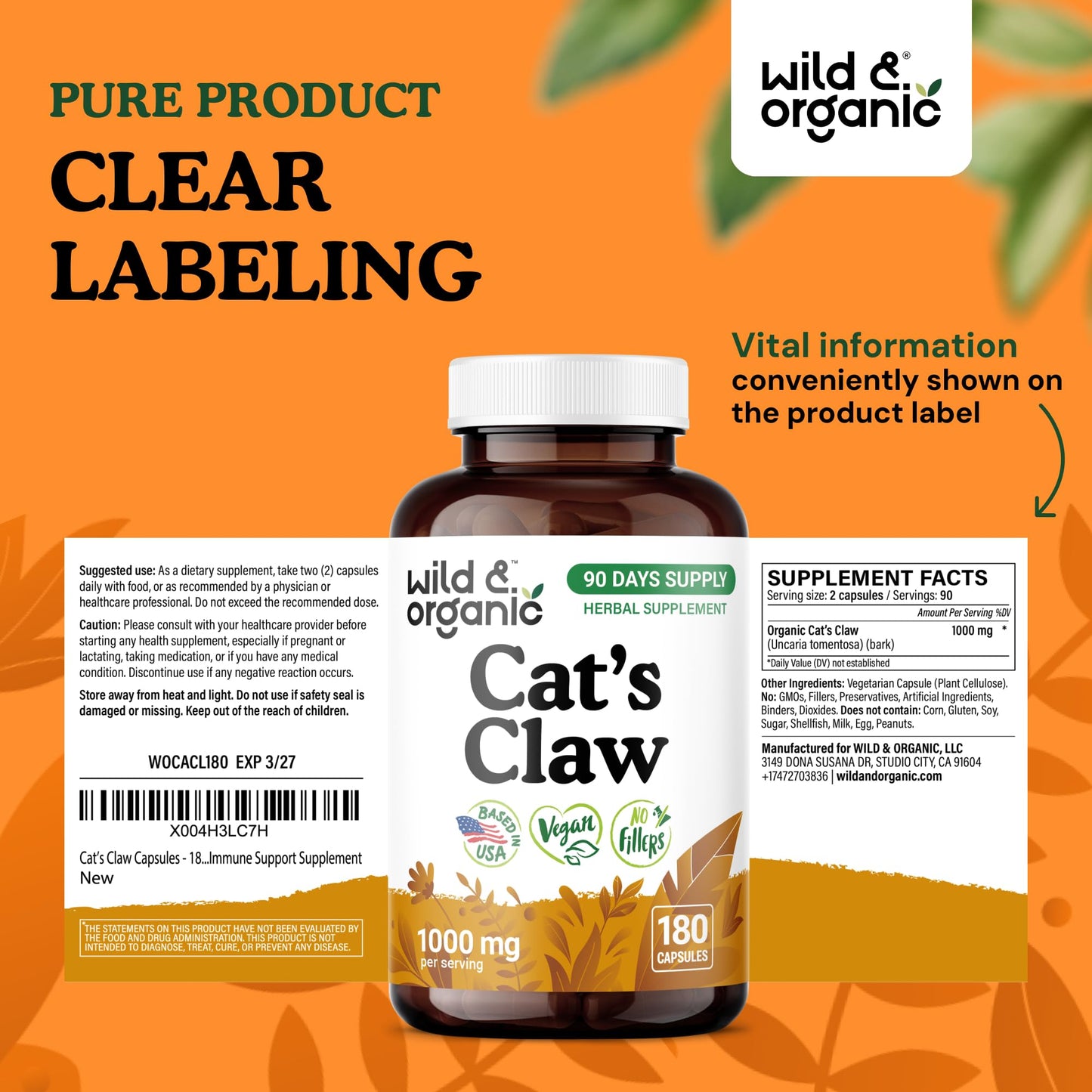 Wild & Organic Cat's Claw Herbal Supplement 1000 mg Capsules 180 Count