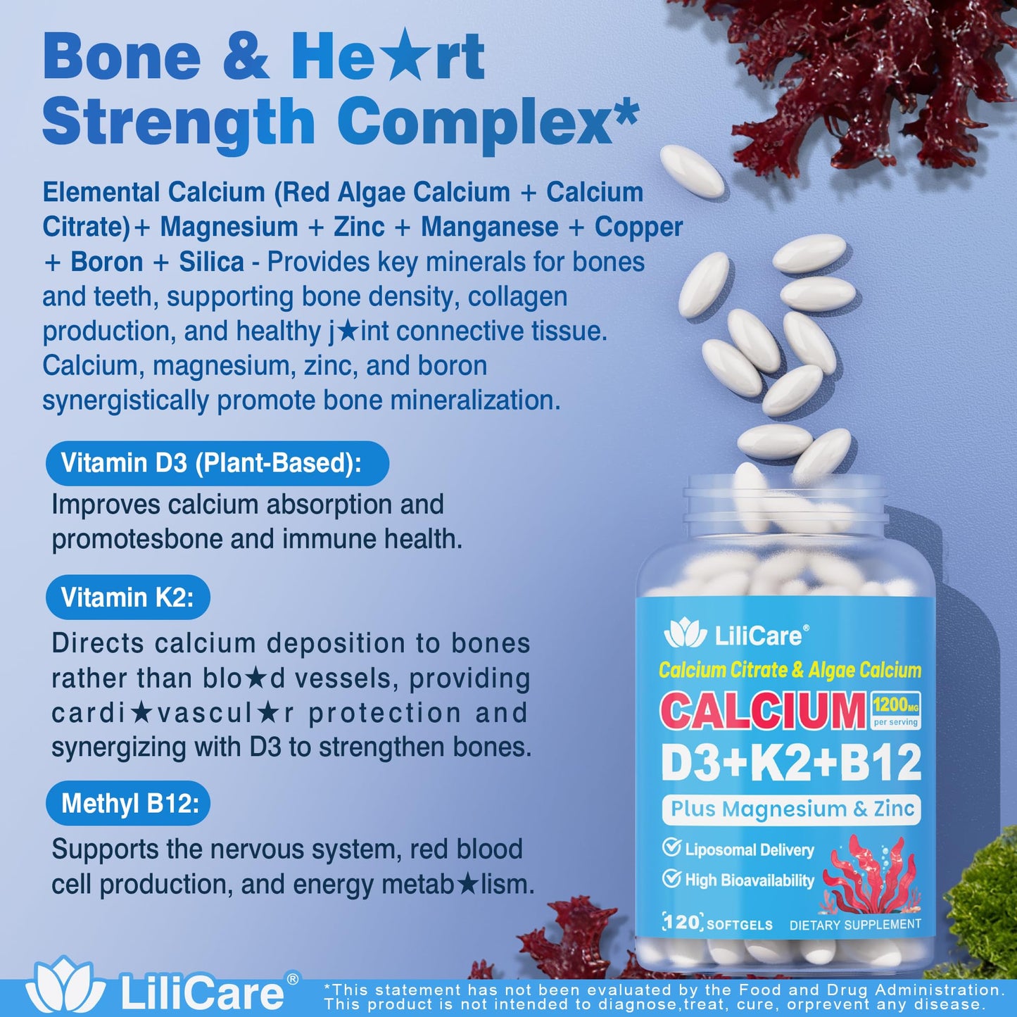 LILICARE Calcium 1200 mg with Vitamin D3 K2 Softgels, 120 Count