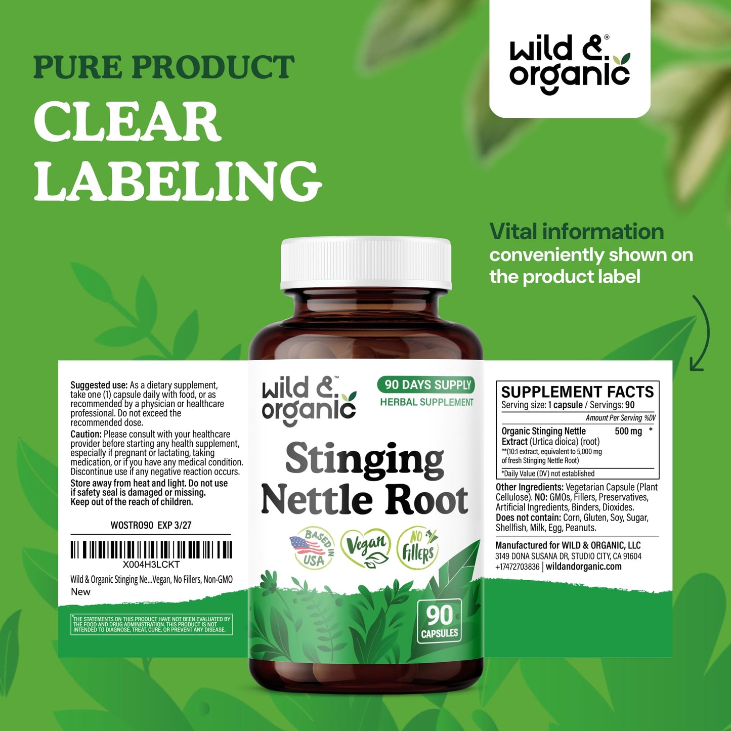 Wild & Organic Stinging Nettle Root Capsules 90 Capsules