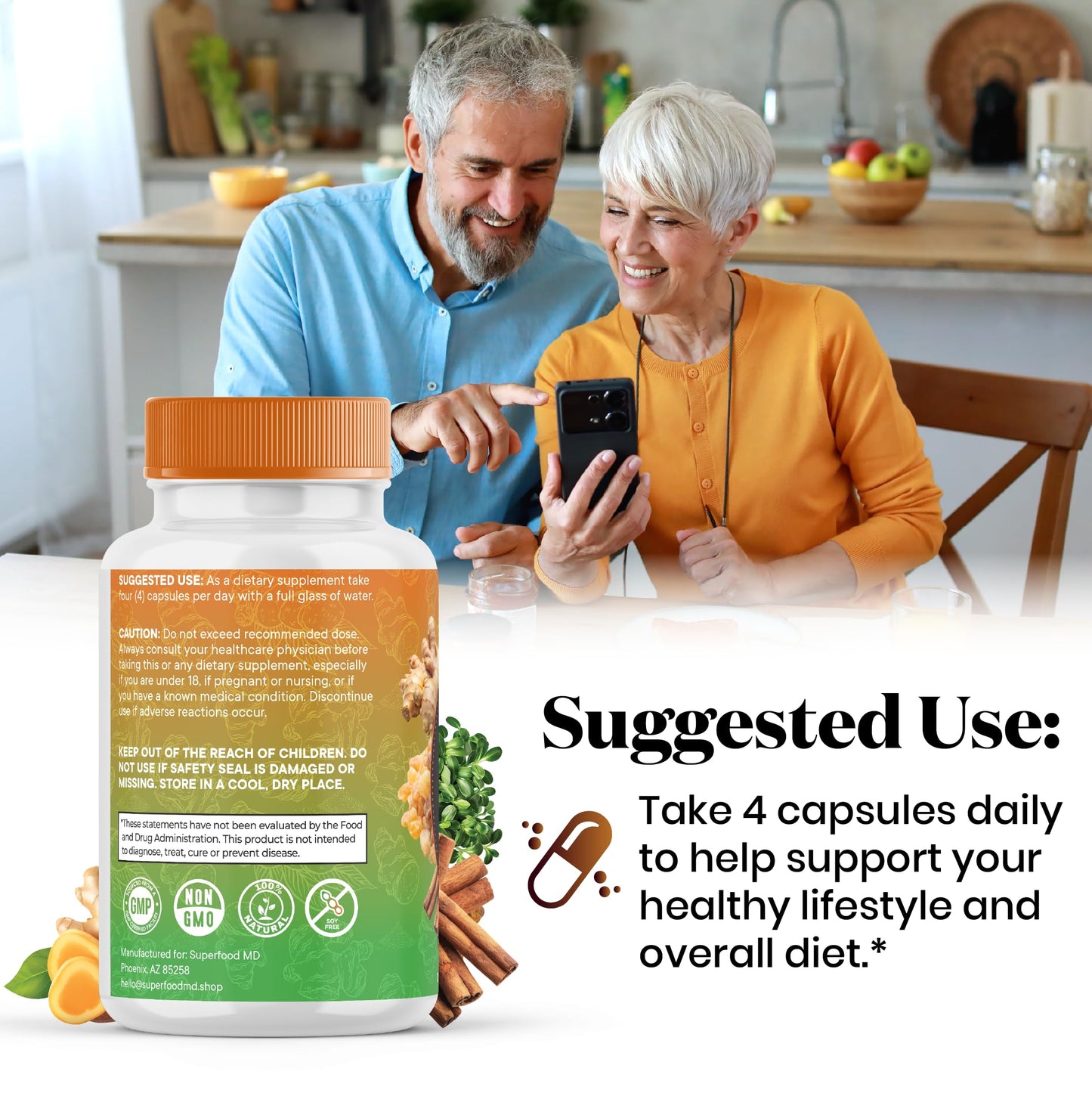 Superfood MD Turmeric Moringa Joint Support Capsule with Ginger, Boswellia, Saffron, Holy Basil, 360 Capsules