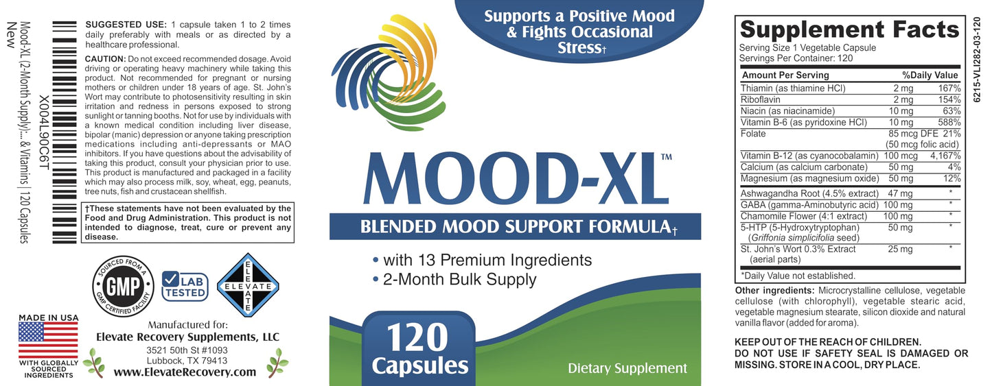 Elevate Recovery Supplements Mood-XL Mood Support Supplement Capsules, 120 Capsules