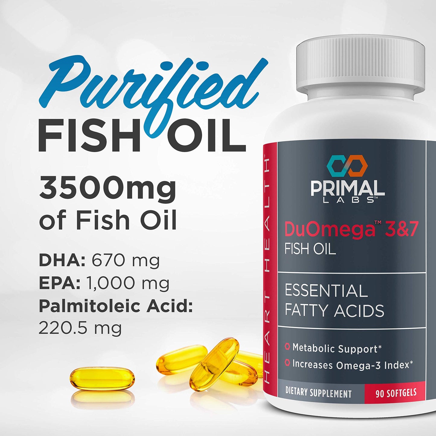 Primal Labs DuOmega 3&7 Fish Oil Supplement with Omega 3 and Omega 7, 90 Capsules