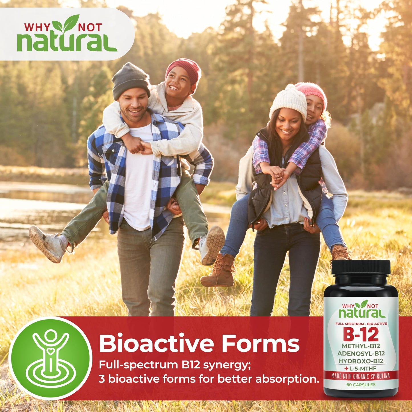 Why Not Natural Vitamin B12 5000 mcg Capsule Supplement with Methylcobalamin, Adenosylcobalamin and Hydroxy B12 Complex with Methylfolate 1000 mcg, L-5-MTHF, Made with Organic Spirulina, 60 Capsules
