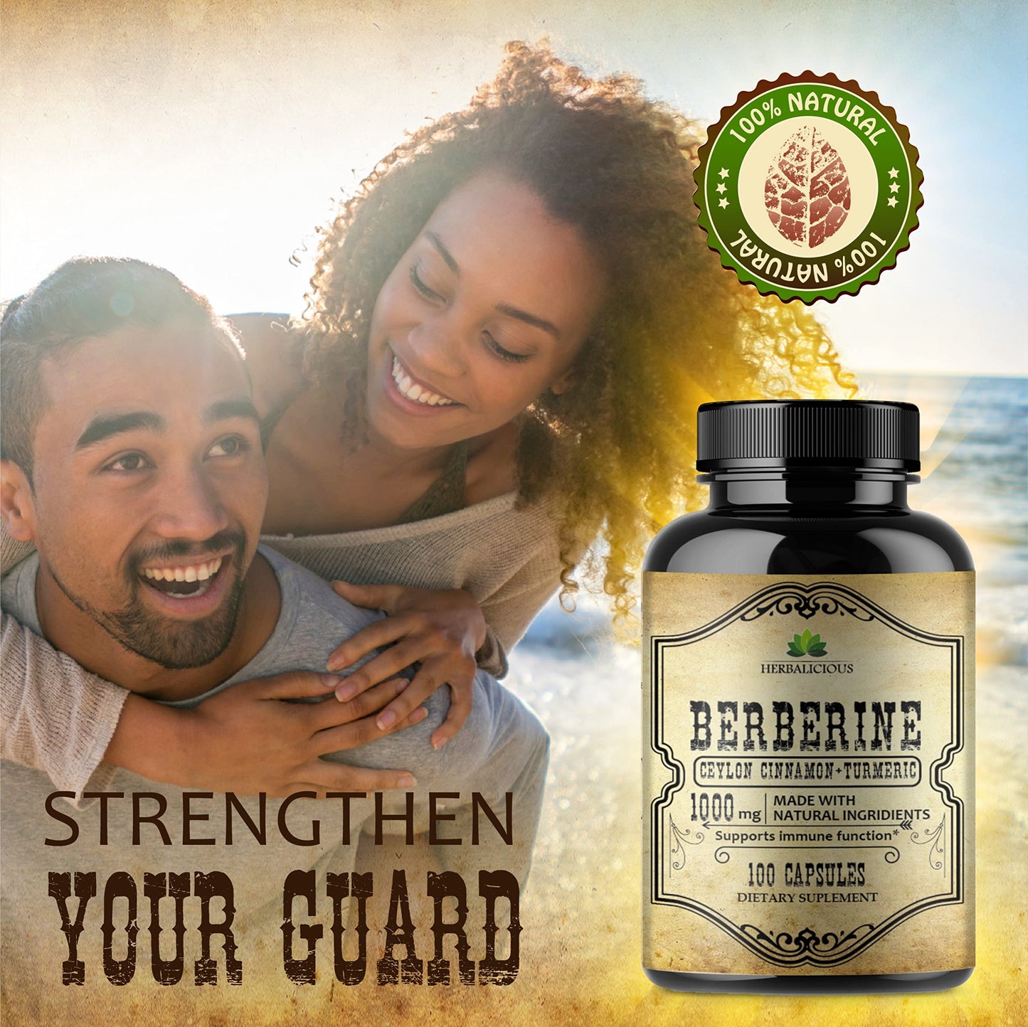 HERBALICIOUS Berberine Capsules with Ceylon Cinnamon & Turmeric, Non-GMO, 500 mg per Capsule, HCL Dietary Supplement for Men and Women, 100 Capsules