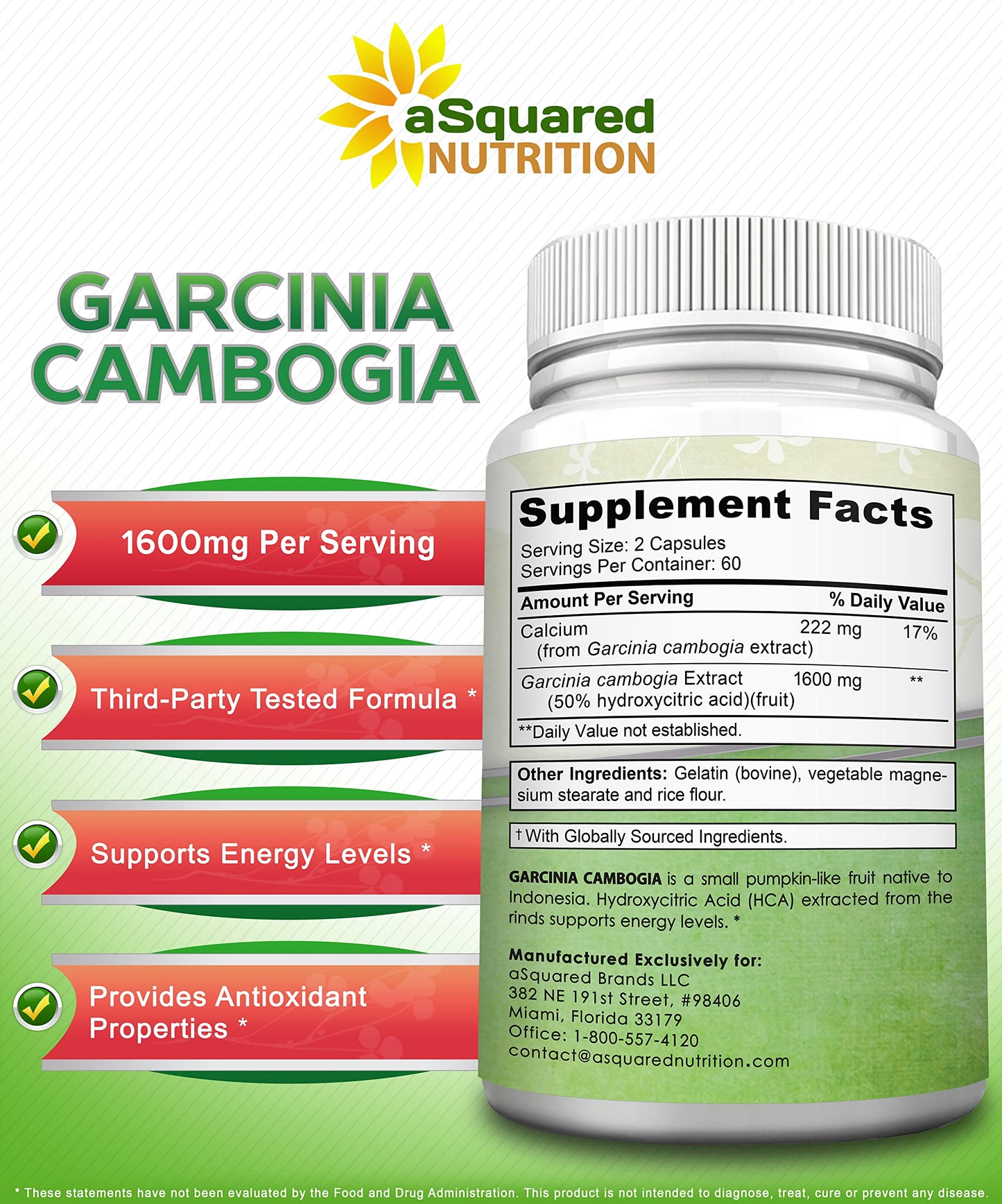 aSquared Nutrition 100% Pure Garcinia Cambogia Extract Capsule 120 Count