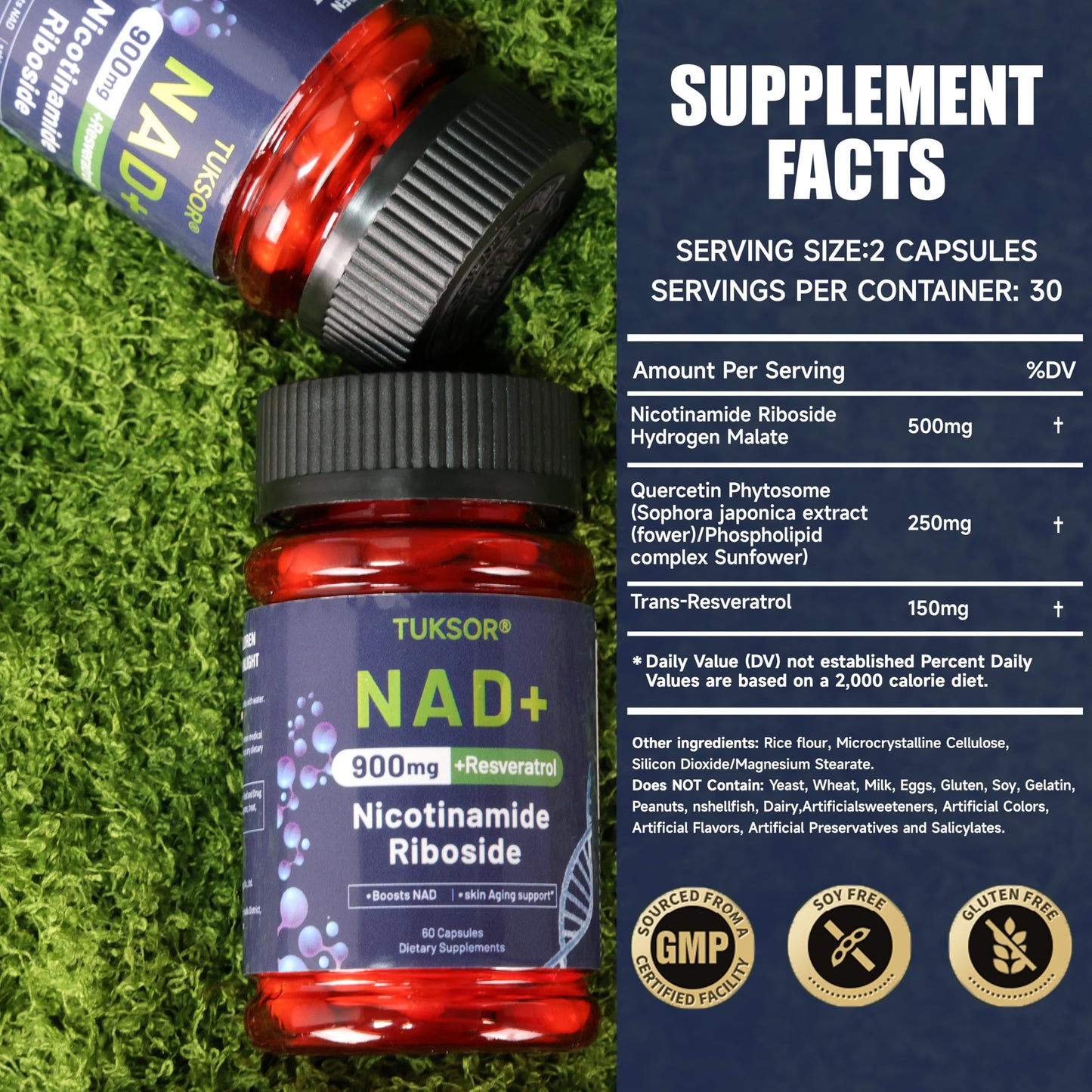 TUKSOR NAD+ Supplement Nicotinamide Riboside Liposomal Resveratrol for Cellular Repair, Energy Support, Vitality and Focus, 60 Capsules