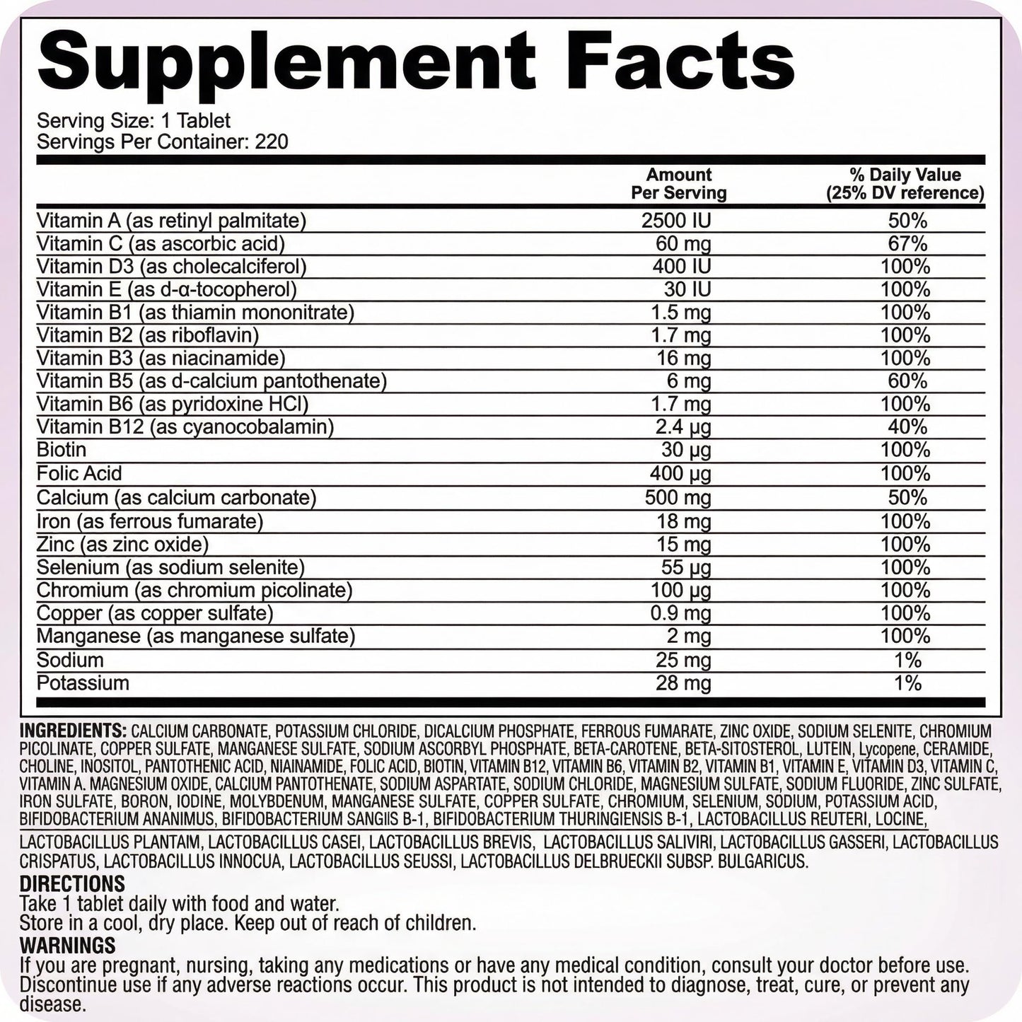 Generic Adult Multivitamin 50+ with Lutein & Lycopene, Iron Free Formula, 220 Tablets, One Daily Multivitamin for Men and Women Over 50