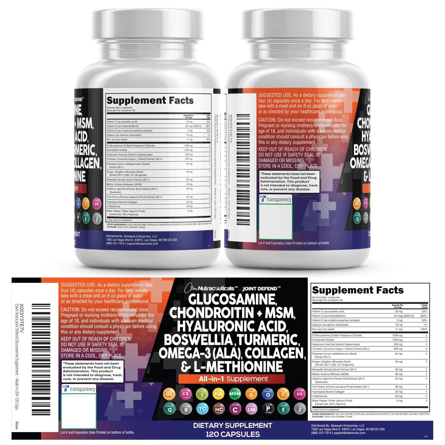 Clean Nutraceuticals Glucosamine 1500mg Chondroitin 1200mg MSM Joint Health Capsules, 120 Count