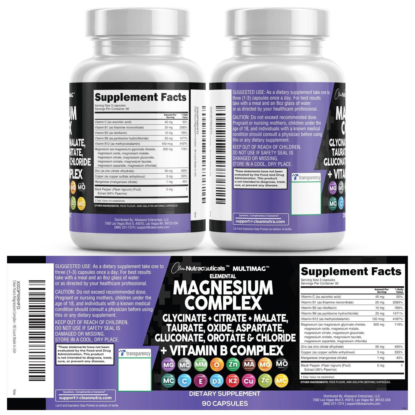 Clean Nutraceuticals Magnesium Complex with Magnesium Glycinate Citrate Malate Oxide Taurate Aspartate Orotate & Mag Chloride, Zinc Copper Manganese & Vitamin C B1 B2 B6 B12 Complex - 1Pack