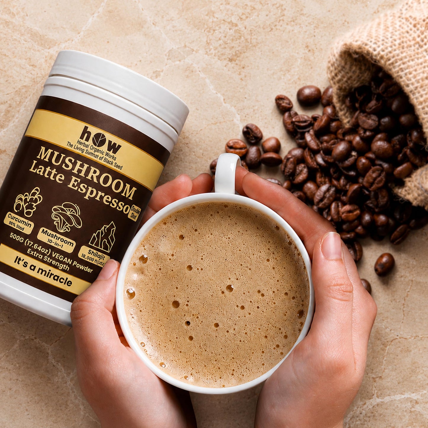 Herbal Organic Works 10-in-1 Mushroom Coffee Latte Powder 1 Ounce