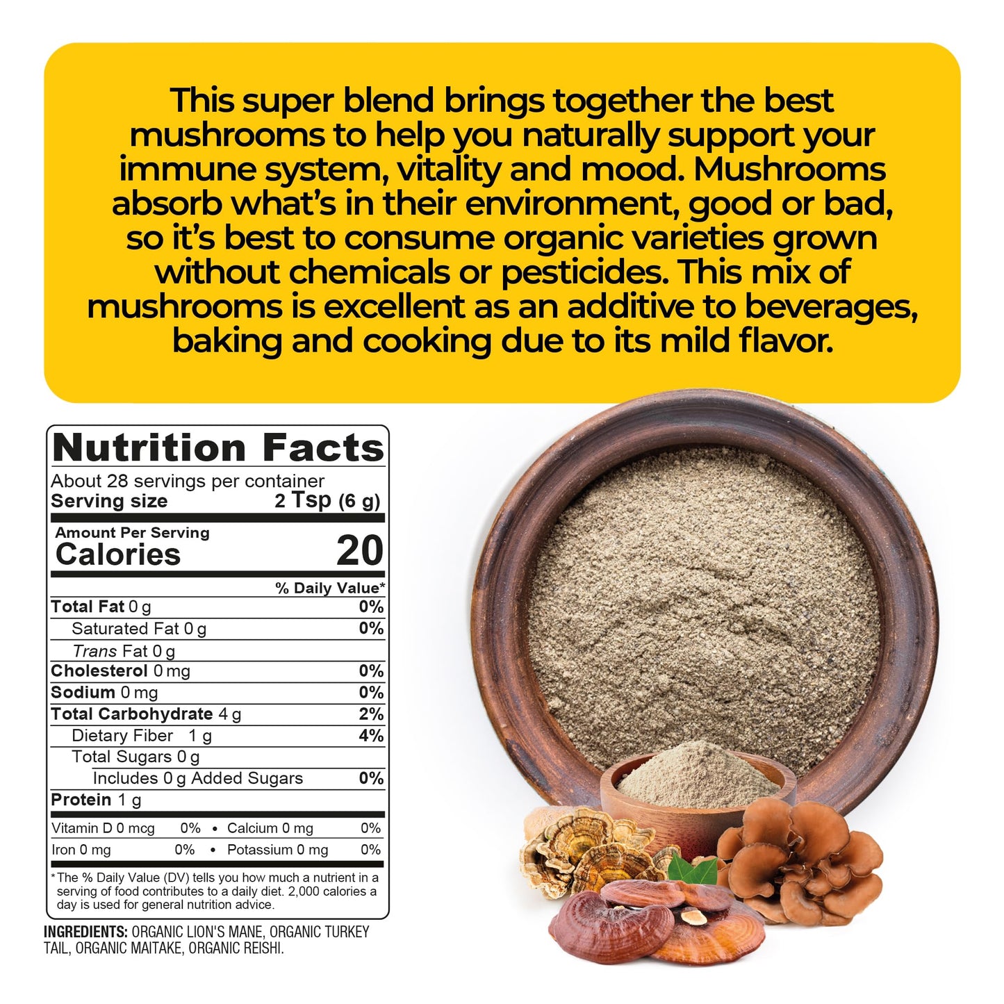 Super Organics Mushroom Memory Blend Powder – Organic Superfood Mushroom Supplement with Lion’s Mane, Reishi, Maitake & Turkey Tail, Vegan Adaptogenic Powder, 6 oz