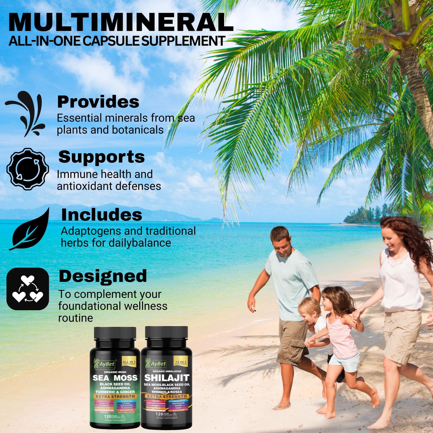 AyBet Sea Moss & Himalayan Shilajit Supplement Combo – Herbal Formula with Black Seed Oil, Ashwagandha, Rhodiola, Turmeric, Ginger – Mineral, Antioxidant Support – Organic, Halal, Vegan Capsules, 240 Count