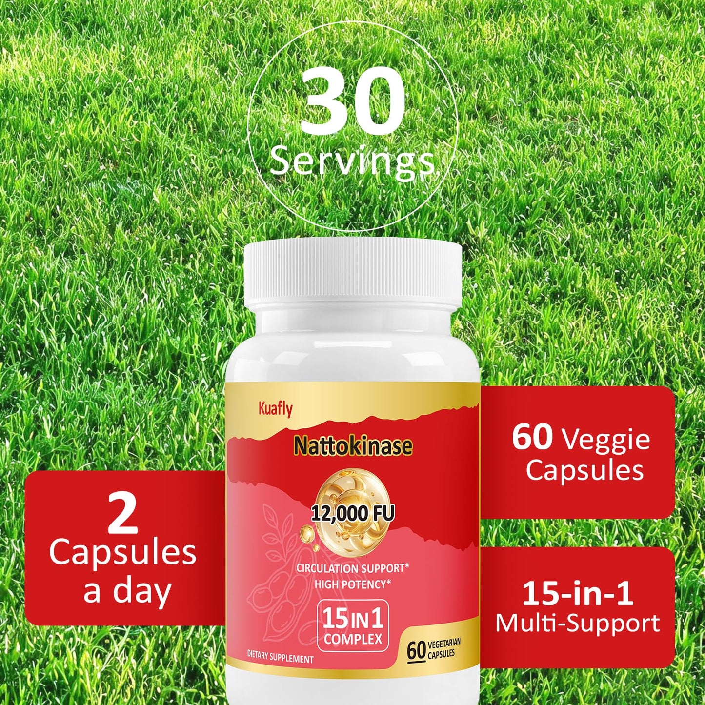 KUAFLY Nattokinase Supplement 12000 FU 15 in 1, 120 Capsules