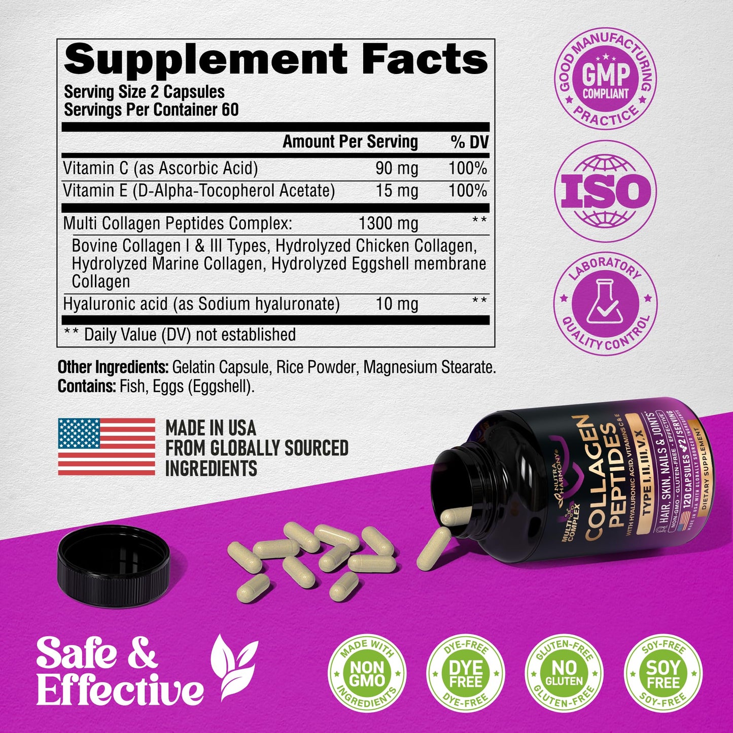 NUTRAHARMONY Multi Collagen Peptides 1300mg Hydrolyzed Types I II III V & X, 120 Capsules