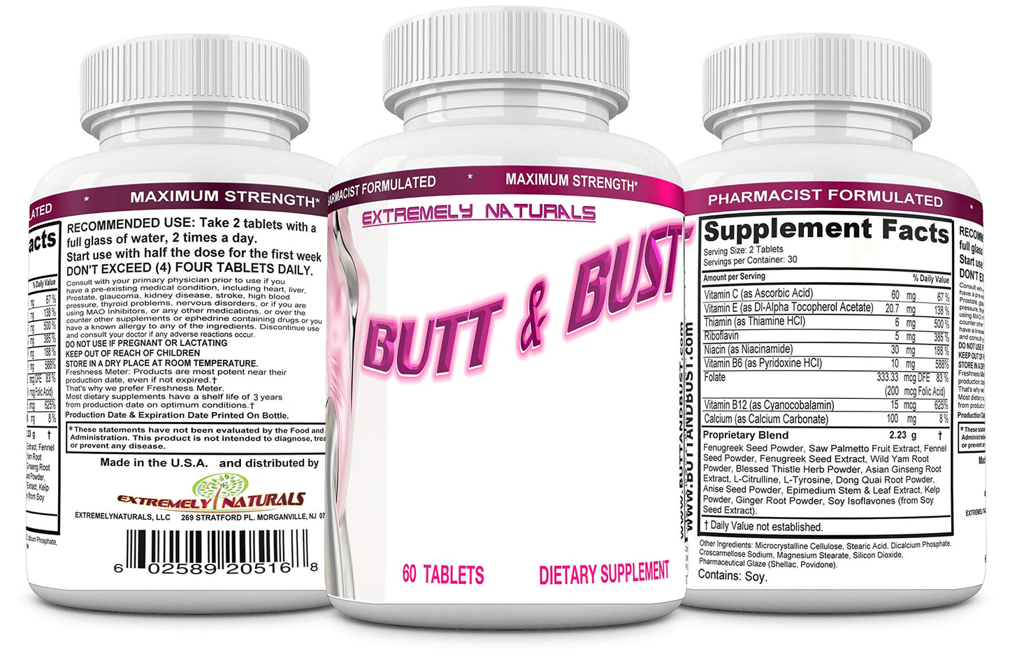 EXTREMELY NATURALS Butt and Bust Natural Breast & Butt Augmentation and Enlargement Pills, 60 Tablets