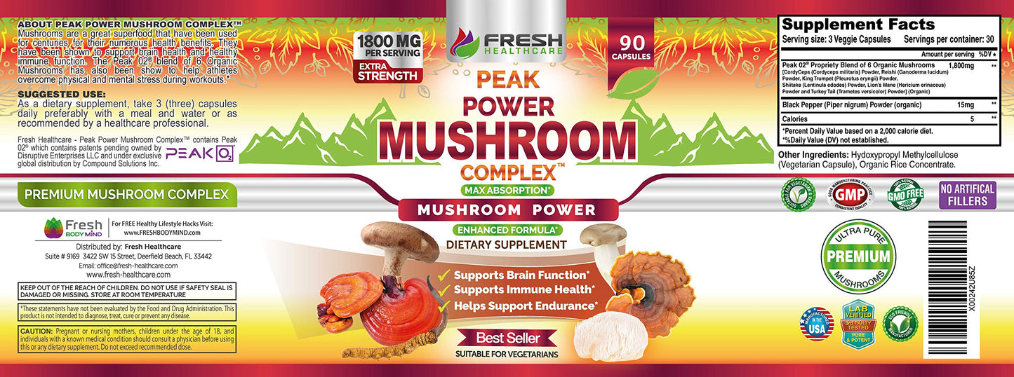 FRESH HEALTHCARE Mushroom Supplement with Lion's Mane, Cordyceps, Reishi, Turkey Tail, Shiitake - 90 Capsules