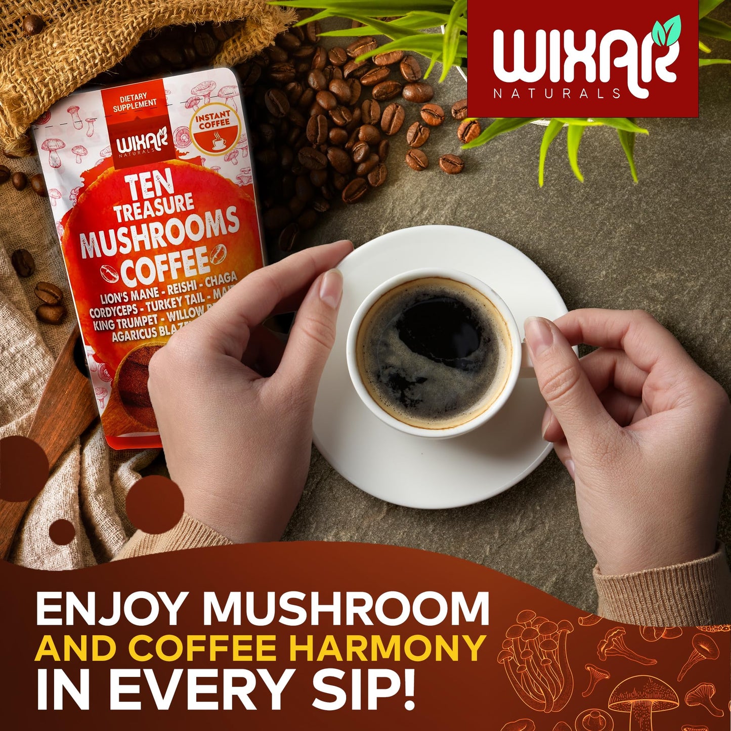 WIXAR NATURALS Mushroom Coffee Blend Powder, Ten Treasure Mushrooms Extract, 5oz