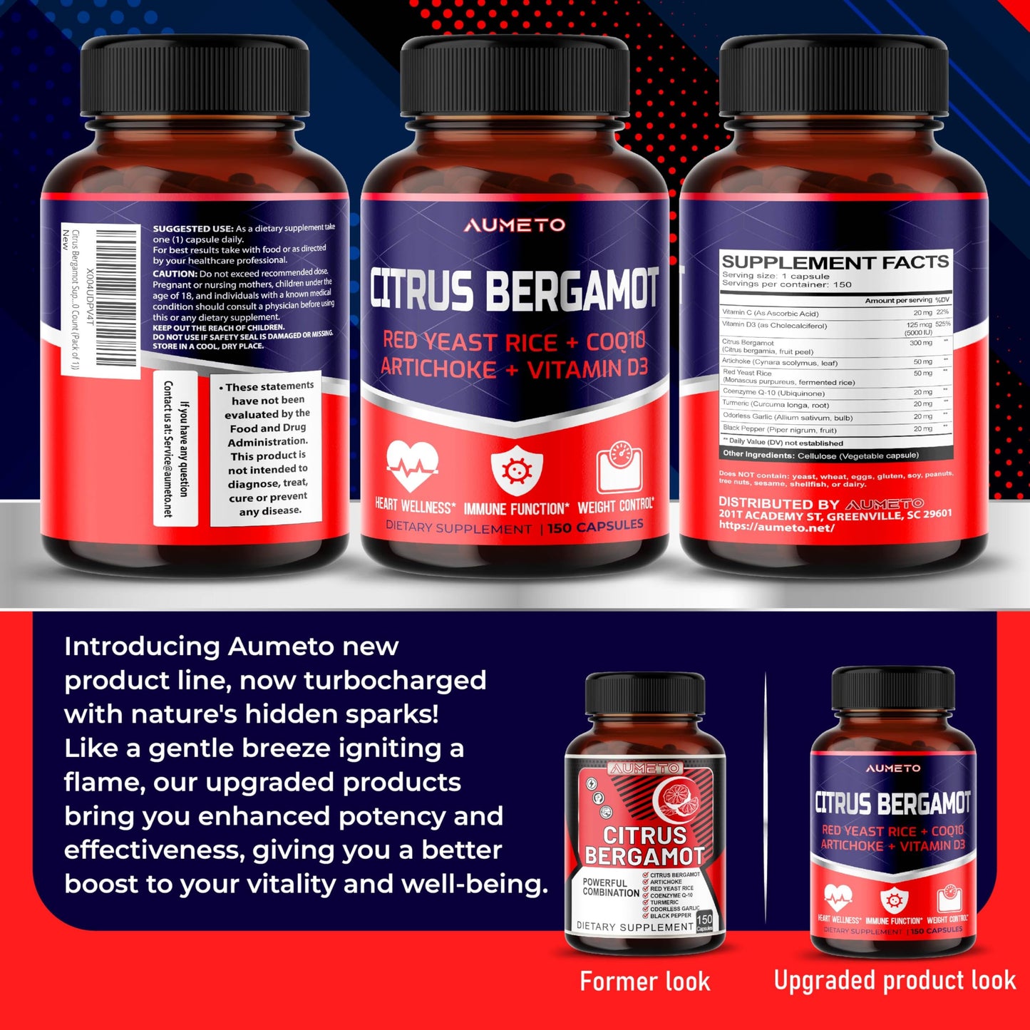 AUMETO Citrus Bergamot Supplement with Red Yeast Rice, CoQ10, Artichoke, Vitamin D3 Capsules, 150 Count